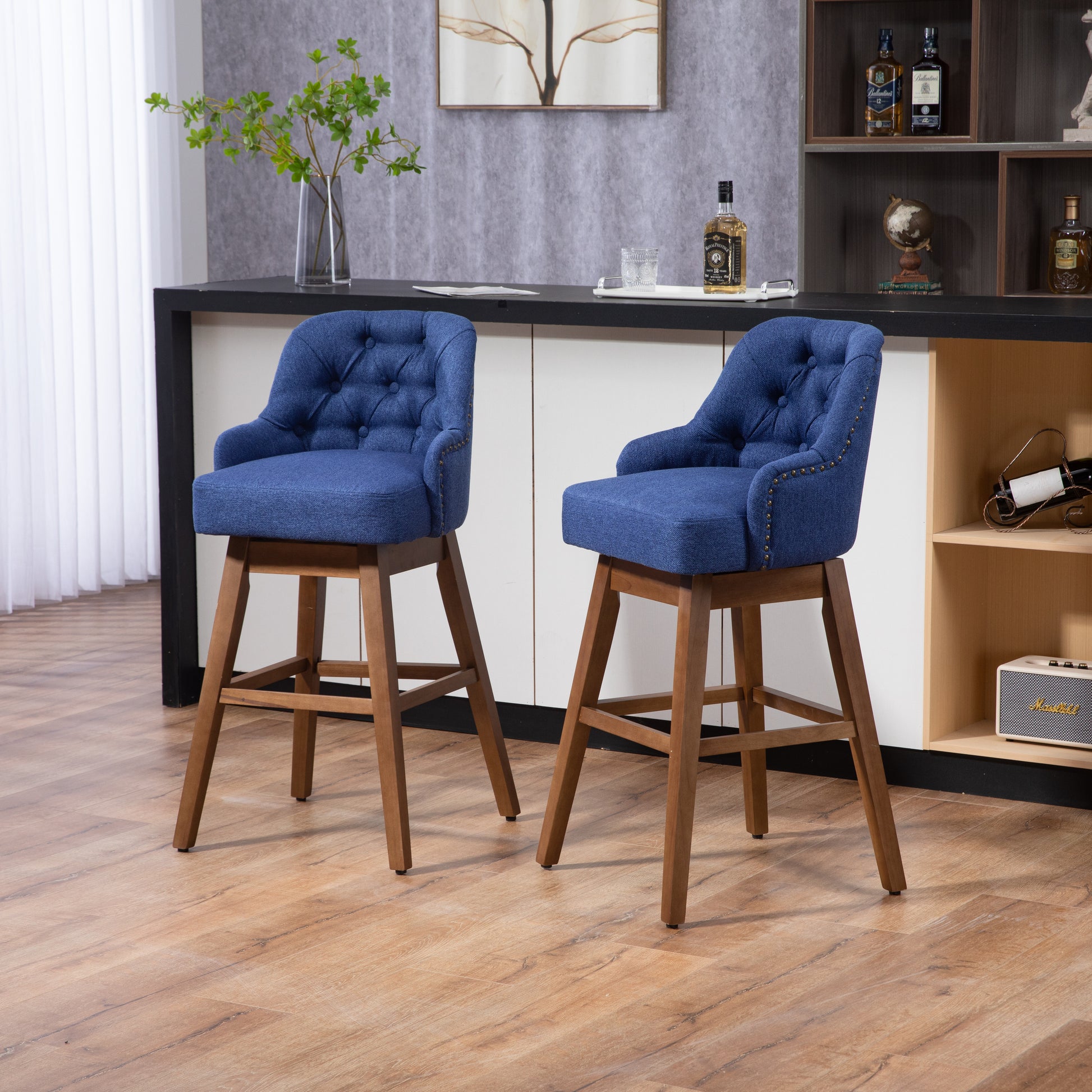 Coolmore Bar Stools Set Of 2 Counter Height Chairs With Footrest For Kitchen, Dining Room And 360 Degree Solid Wood Legs Swivel Bar Stools Set Of 2 Navy Linen Navy Foam Linen