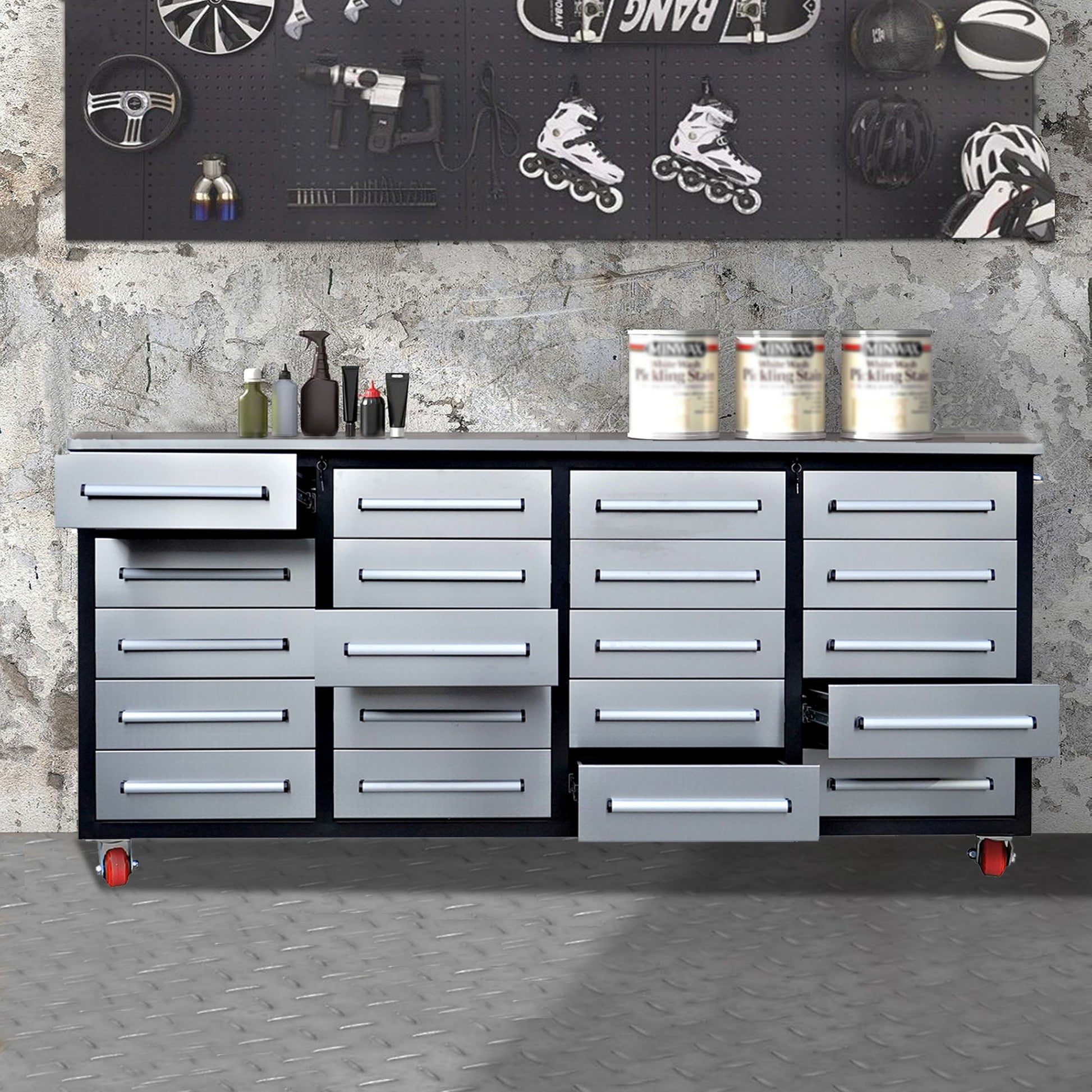 7Ft Garage Storage Cabinets With Workbench 20 Drawers Silver Silver Steel