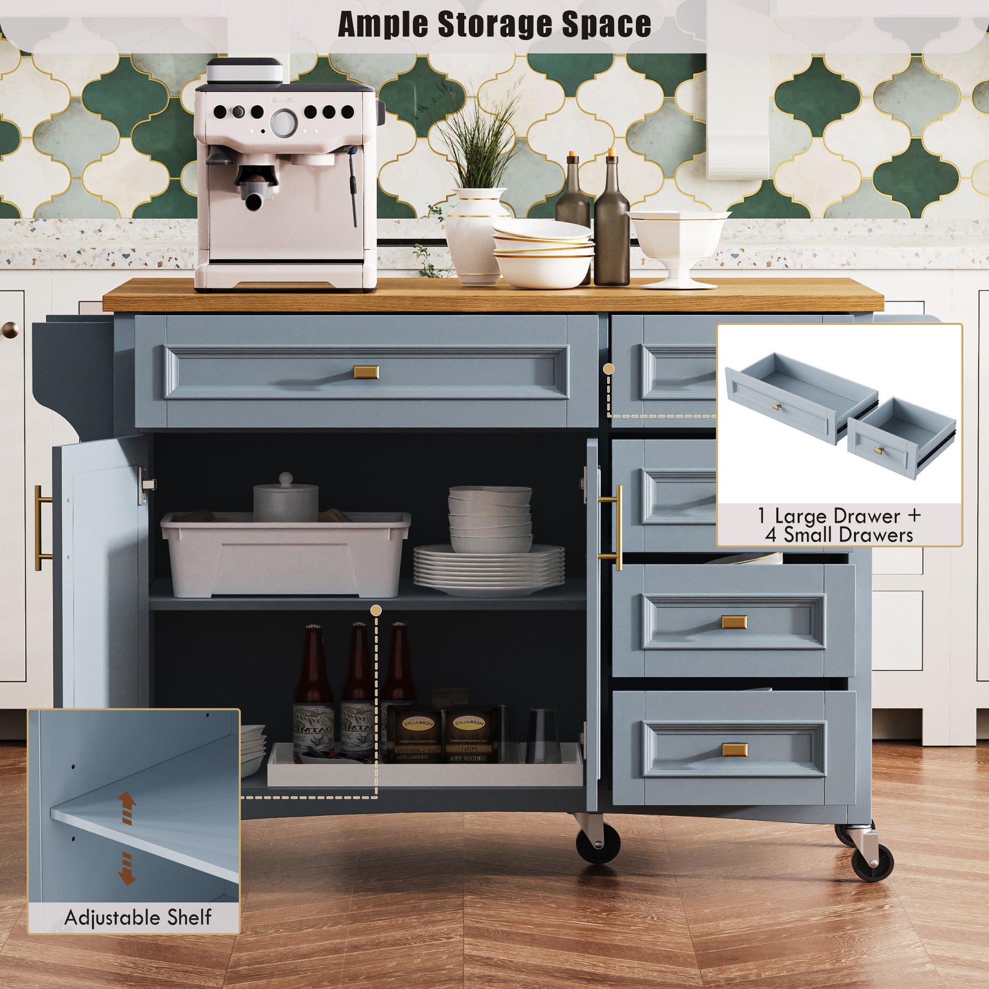 K&K 52'' Kitchen Island With Drop Leaf, Embossed Texture Kitchen Island On Wheels With Spice Rack, Towel Rack, 2 Doors And 5 Drawers, Kitchen Storage Cart With Adjustable Shelf For Kitchen, Blue