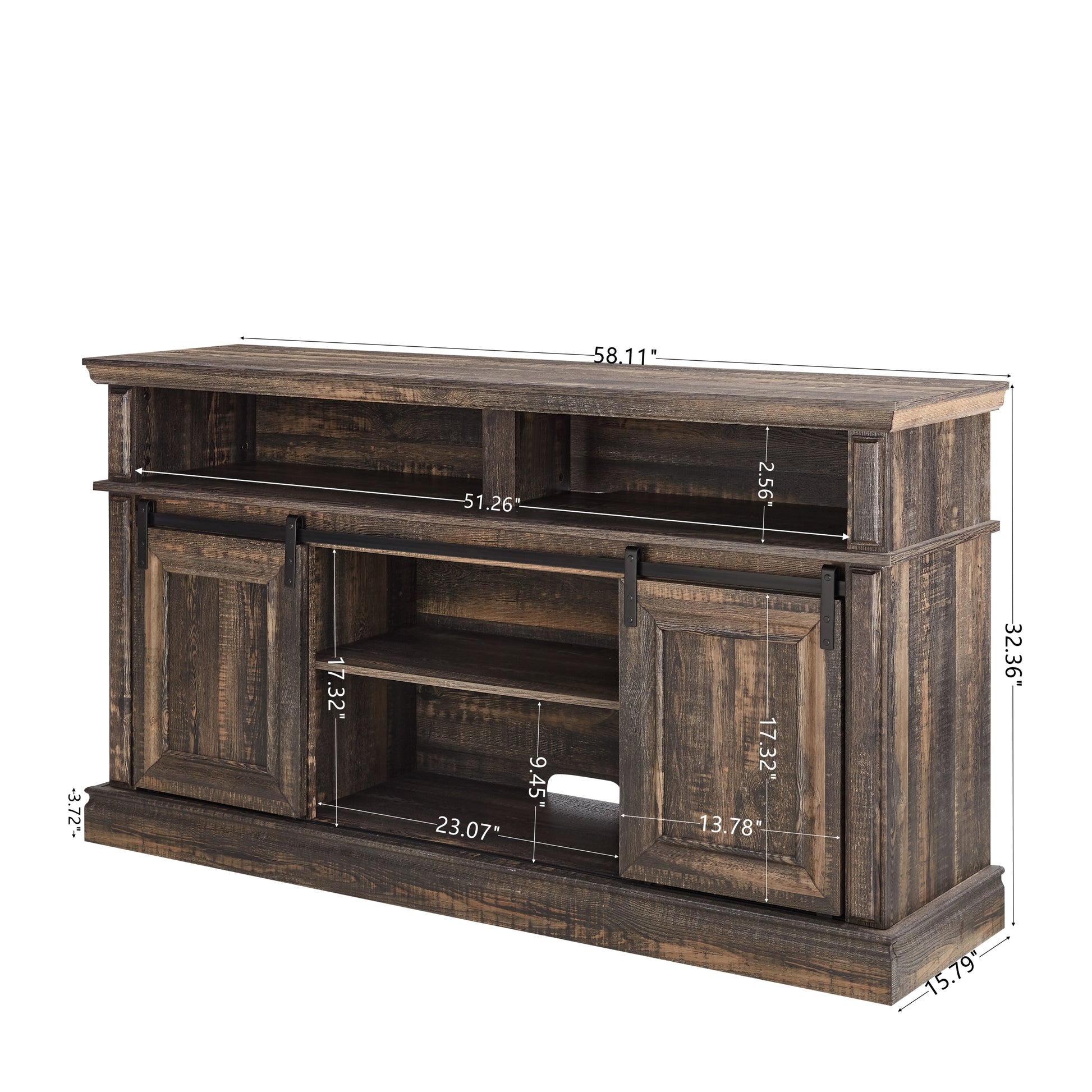 Media Console Table With Storage Cabinet, Mid Century Style Entertainment Tv Table, Multipurpose Sliding Door Tv Cabinet Large Storage Space, 58.11"W*15.79"D*32.36"H Antique Brown Antique Brown Primary Living Space 60 69 Inches 60 69 Inches 60 Inches Mdf