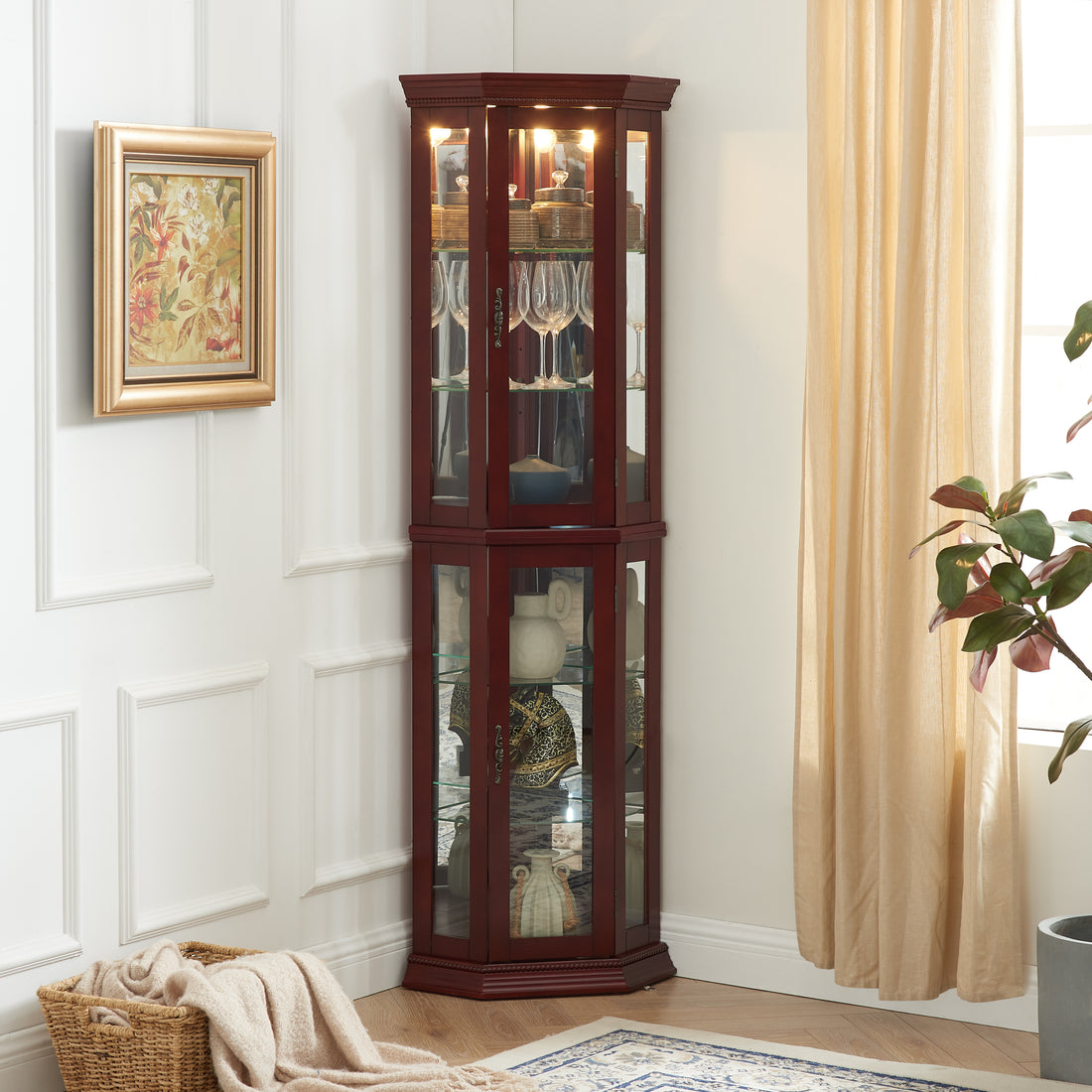 Corner Curio Cabinet With Lights, Adjustable Tempered Glass Shelves, Mirrored Back, Display Cabinet,Cherry E26 Light Bulb Not Included Cherry Mdf