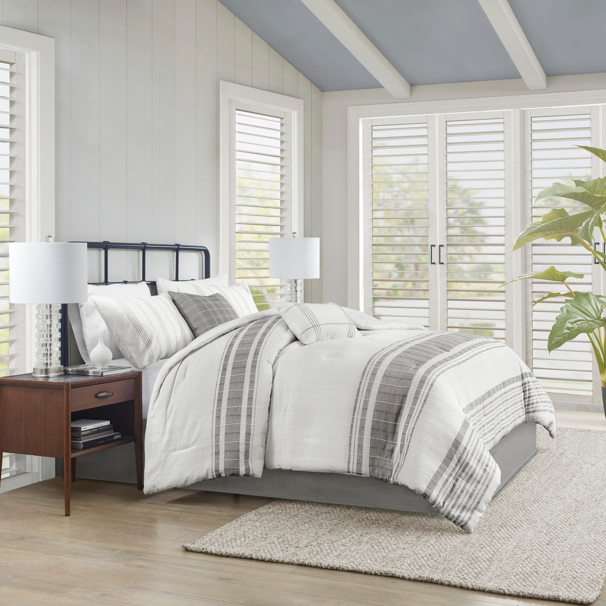 6 Piece Cotton Jacquard Oversized Comforter Set White Grey Cal King California King Grey White Cotton