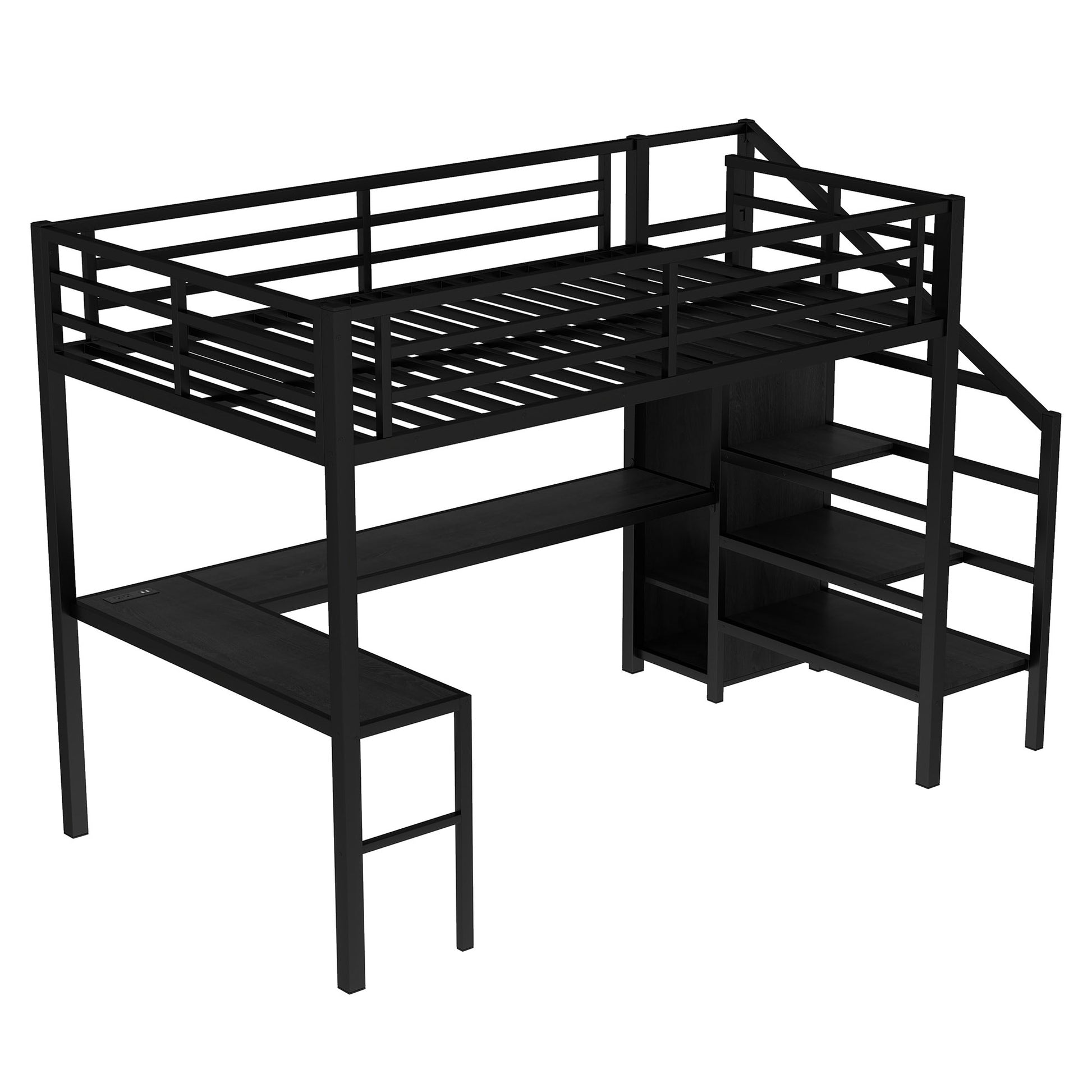 Full Size Loft Bed With L Shaped Desk And Usb, Metal Loft Bed With Wardrobe And Adjustable Shelf, High Loft Bed With Led For Kids Teens Adults, Black Full Black Metal
