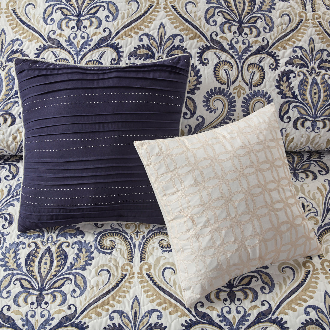 6 Piece Reversible Quilt Set With Throw Pillows Navy Tan Full Queen Full Navy Cotton
