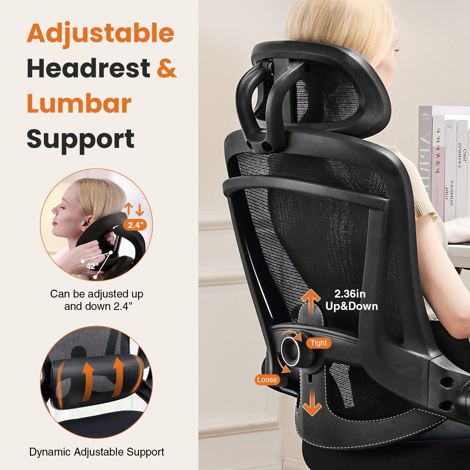 High Back Desk Chair With Adjustable Lumbar Support & Headrest,Comfortable Mesh Computer Chair With Soft Flip Up Arms, Adjustable Height And 120 Tilt,Black Black Abs Pc