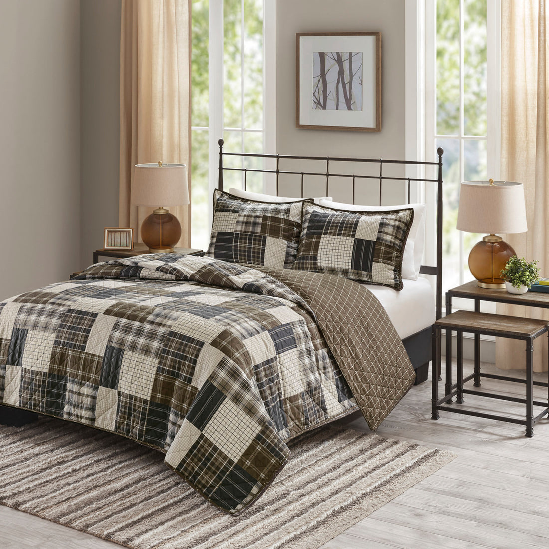 3 Piece Reversible Printed Quilt Set Black Brown Full Queen Black Brown Microfiber