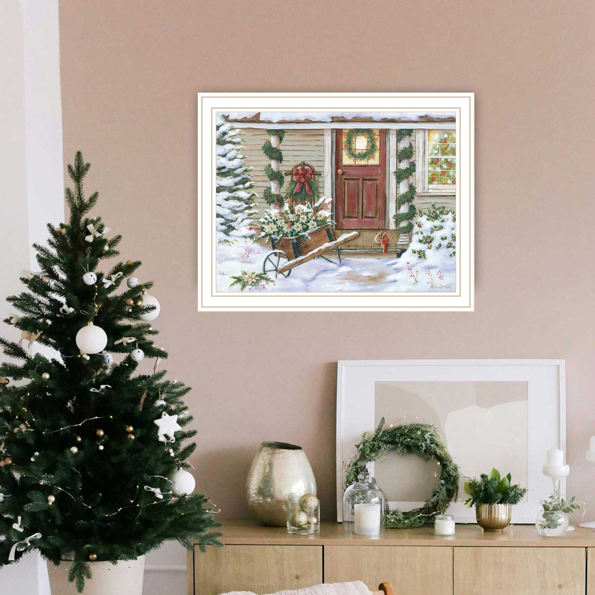 Holiday Porch White Framed Wall Art For Living Room, Farmhouse Wall Art Print For Home Decor, Bedroom Wall Art By Pam Britton Multicolor Wood Paper
