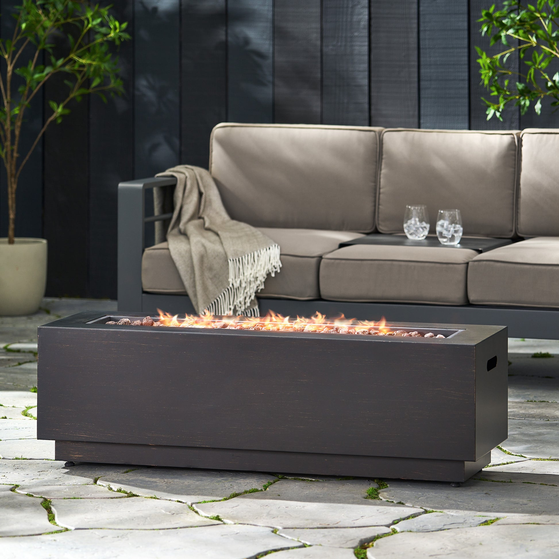 Rectangulat Iron Fire Pit 50 000Btu With Tank Holder Brown Gold Iron