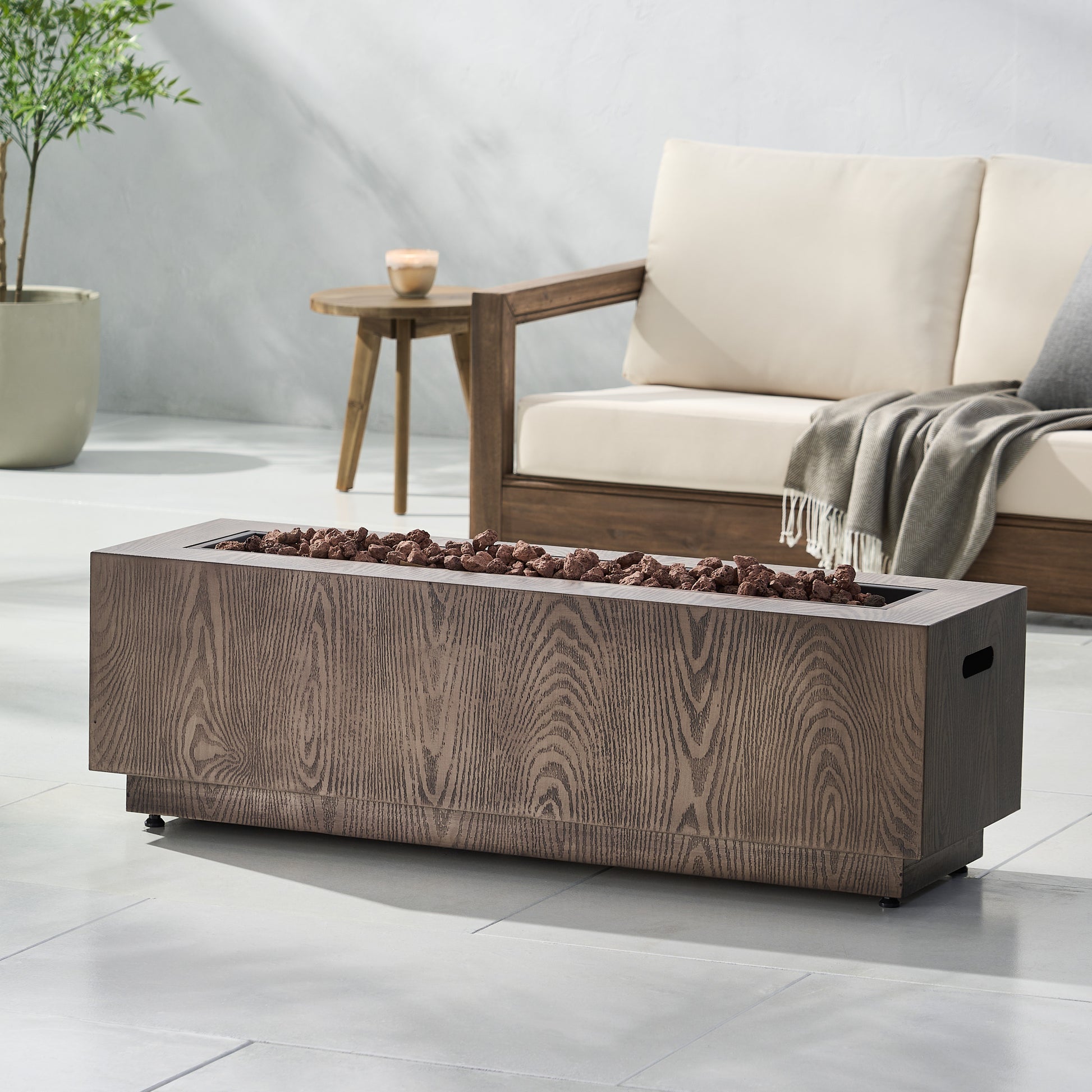 48" Outdoor 50,000 Btu Rectangular Iron Propane Fire Pit, Brown Wood Pattern Tank Cover Not Included Wood Iron