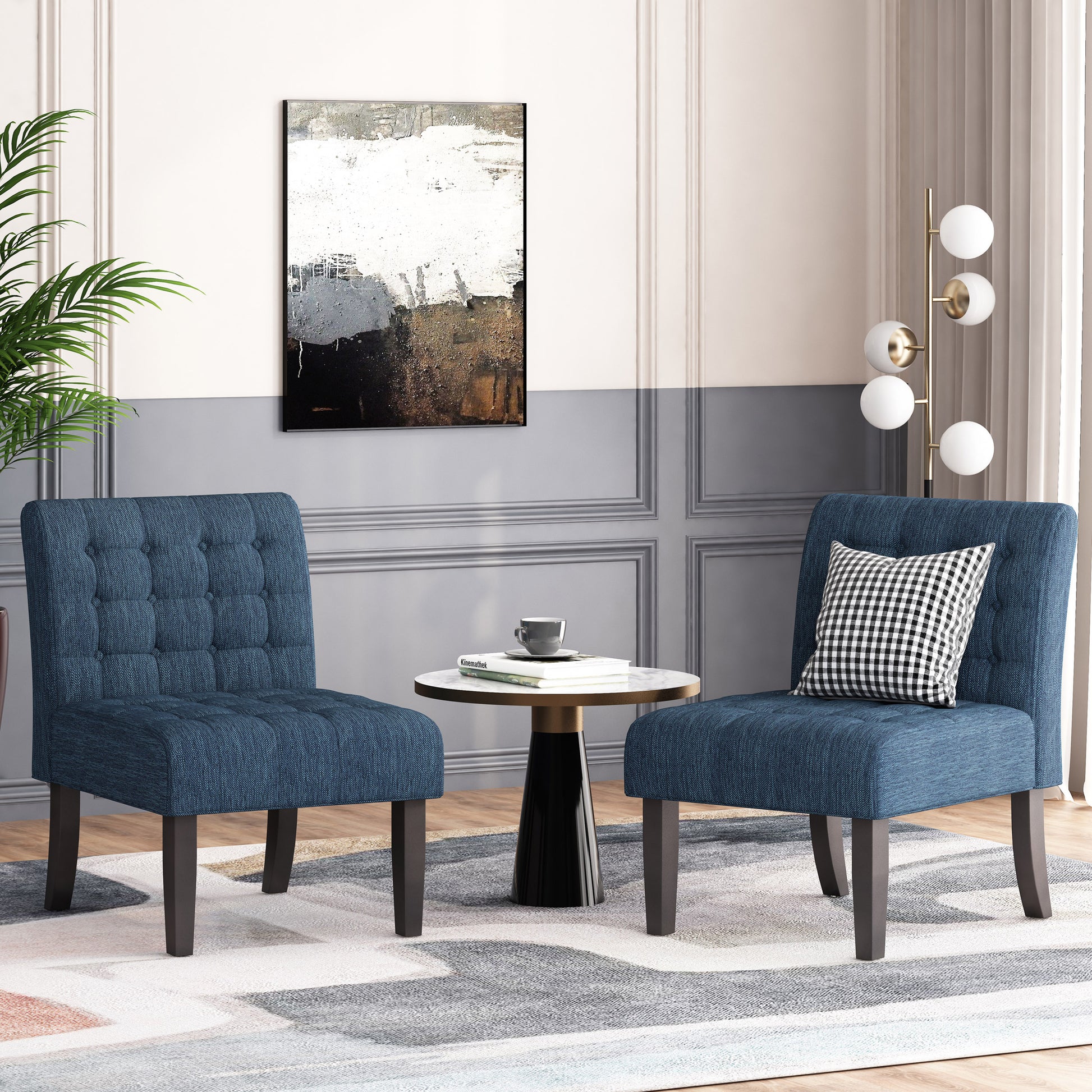 Accent Chair Set Of 2 Pcs Navy Blue Fabric