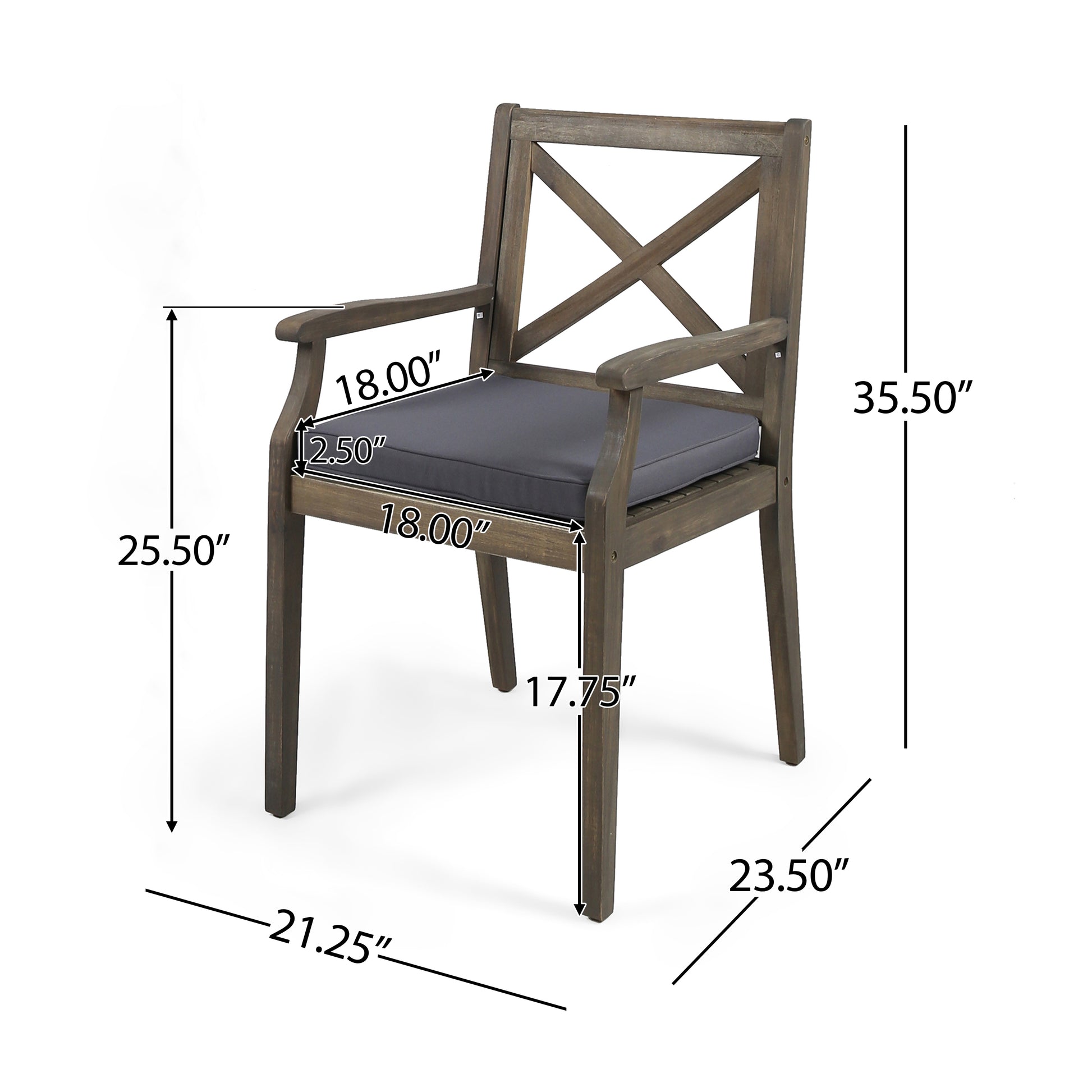 Perla Dining Chair,2Pcs With 2 Cushions Dark Grey Acacia Wood