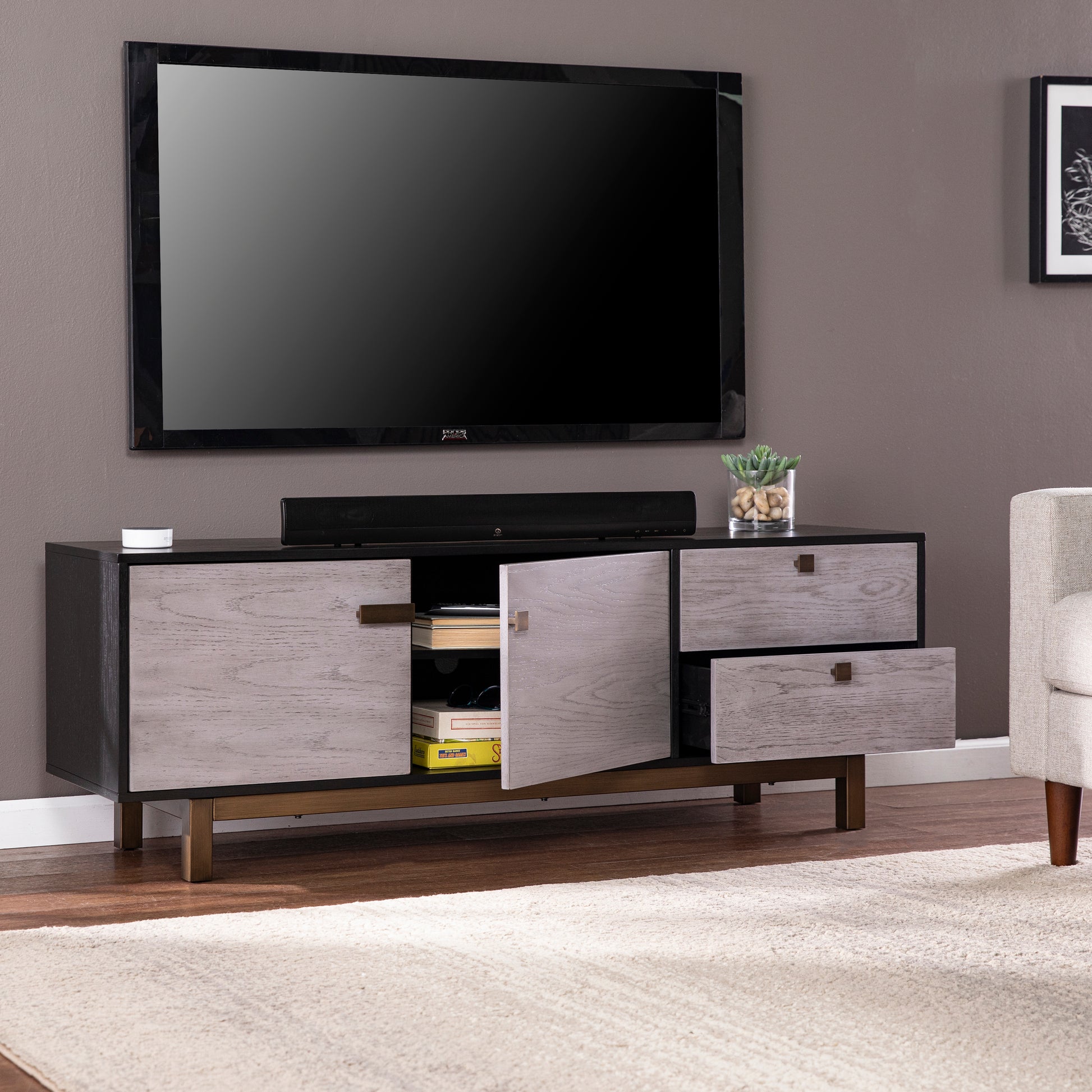 Enderly Media Console W Storage Light Gray 60 69 Inches Mdf