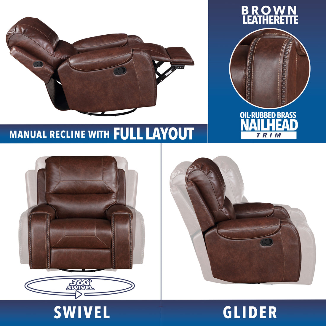 Keily Manual Motion Swivel Recliner Dark Brown Dark Brown Faux Leather