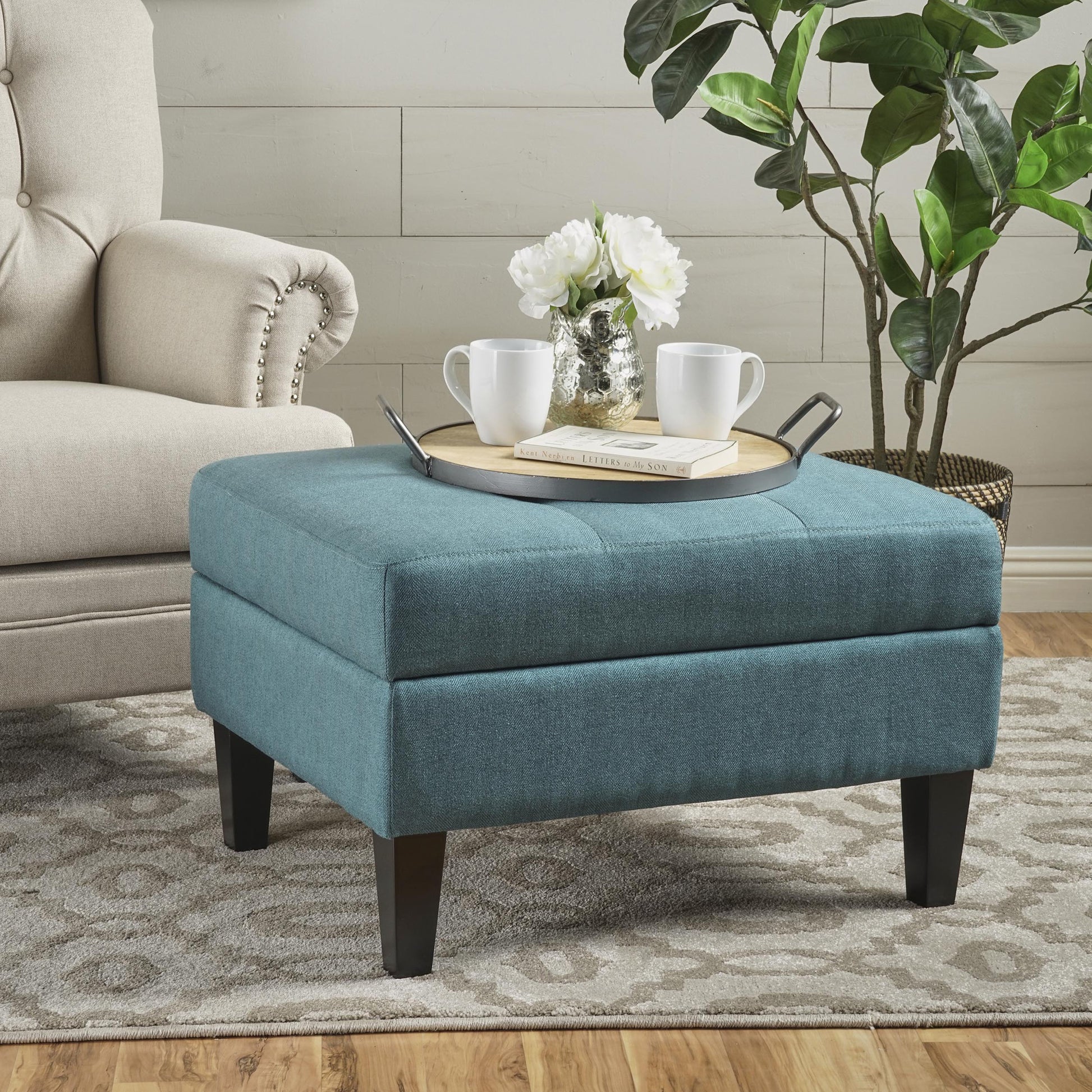 Storage Ottoman Teal Wood Fabric