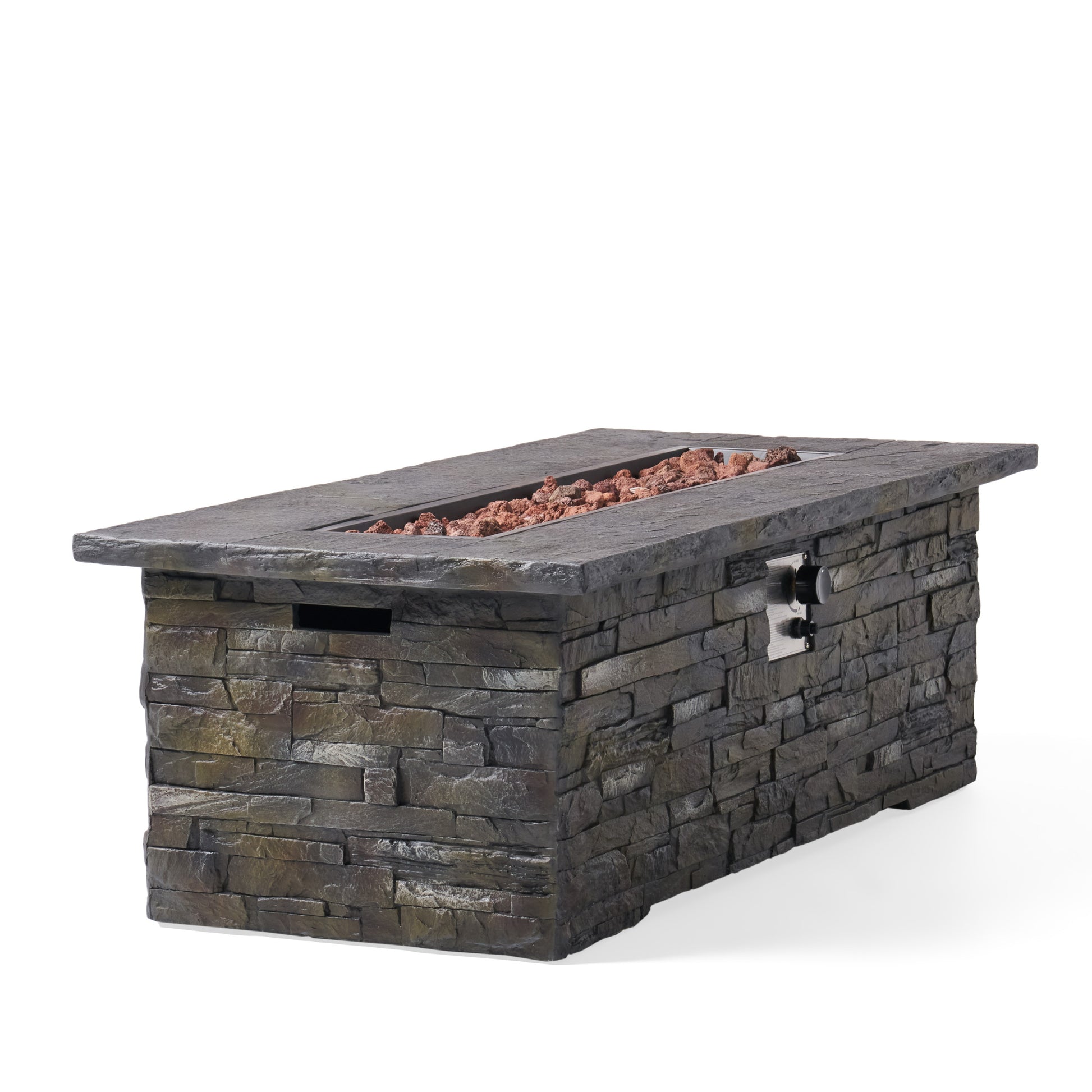 56" Outdoor 40,000 Btu Rectangular Mgo Concrete Propane Fire Pit, Stone Pattern Tank Cover Not Included Stone Gray Magnesium Oxide