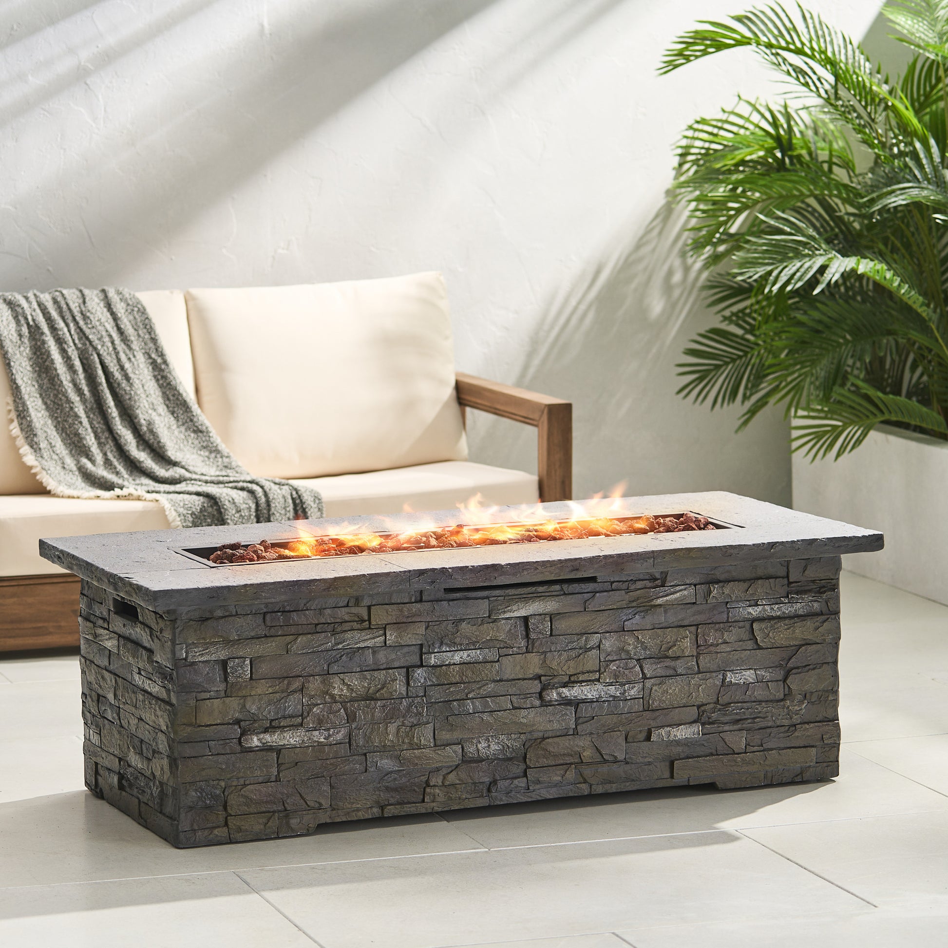 56" Outdoor 40,000 Btu Rectangular Mgo Concrete Propane Fire Pit, Stone Pattern Tank Cover Not Included Stone Gray Magnesium Oxide