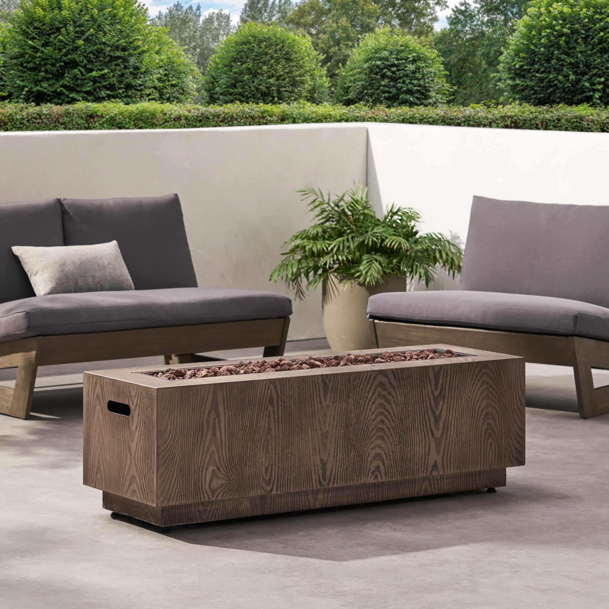 48" Outdoor 50,000 Btu Rectangular Iron Propane Fire Pit, Brown Wood Pattern Tank Cover Not Included Wood Iron