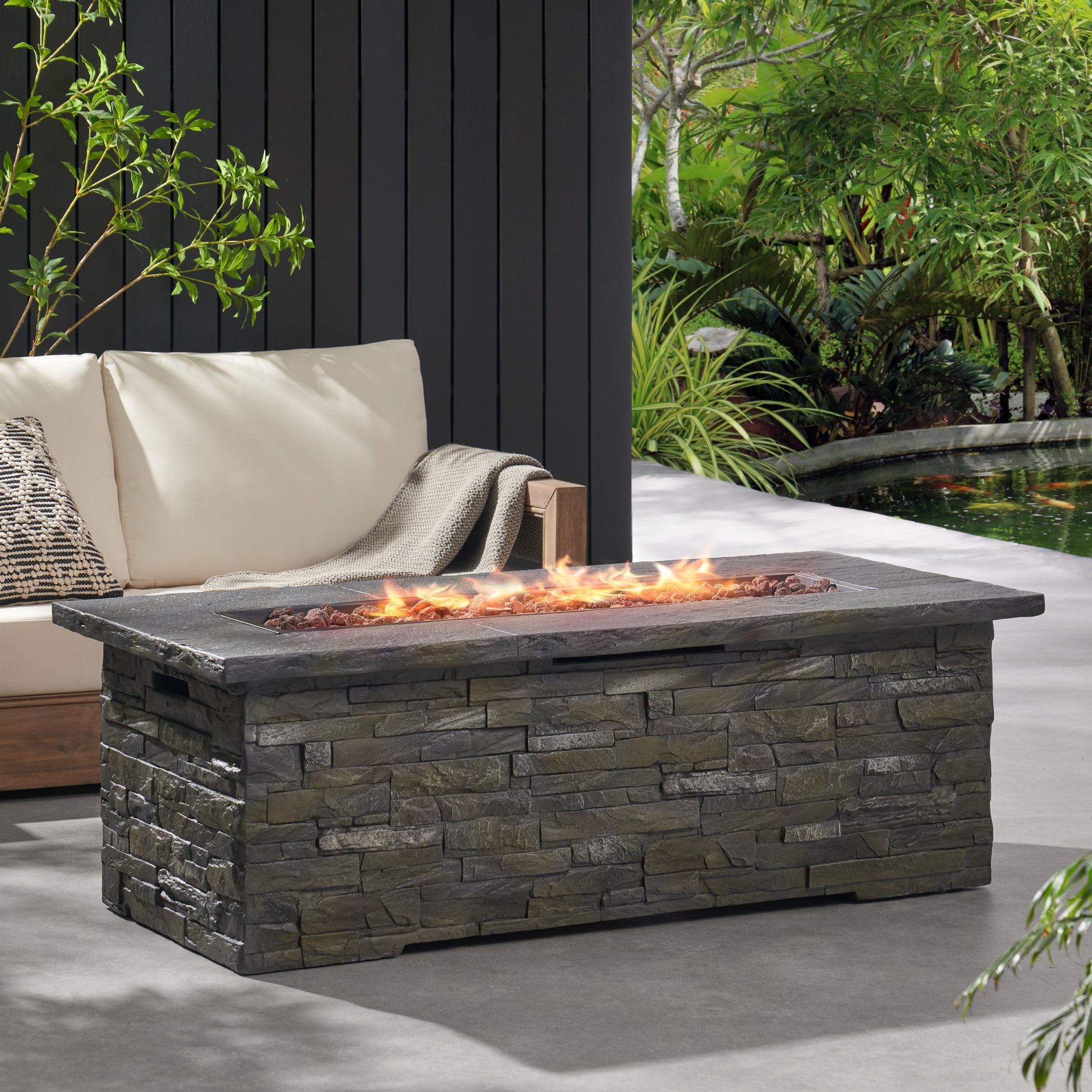 56" Outdoor 40,000 Btu Rectangular Mgo Concrete Propane Fire Pit, Stone Pattern Tank Cover Not Included Stone Gray Magnesium Oxide