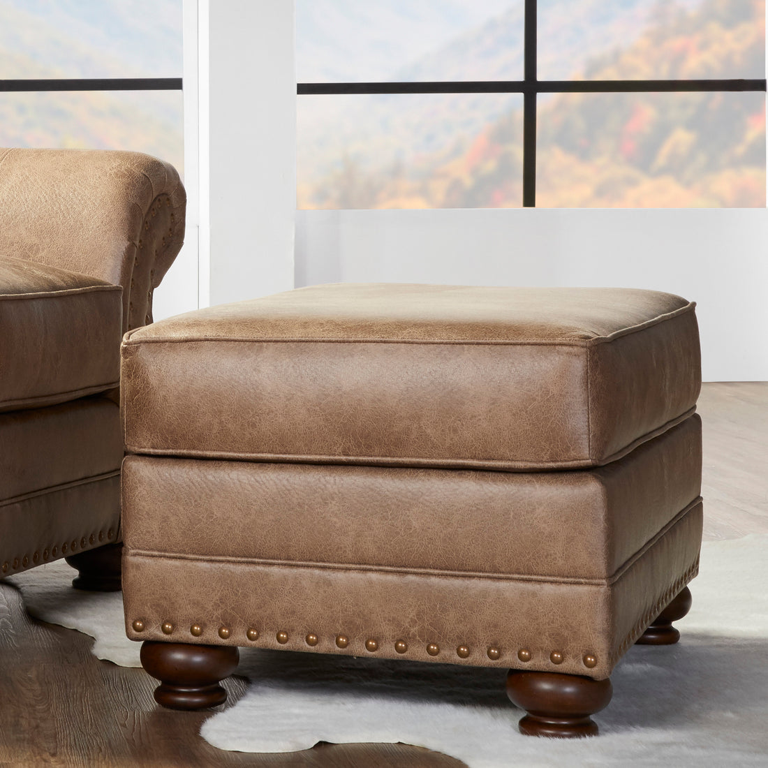 Leinster Faux Leather Ottoman With Antique Bronze Nailheads Brown Espresso Faux Leather Wood Faux Leather Primary Living Space Backless Solid American Traditional,Traditional Rectangle Armless Tray