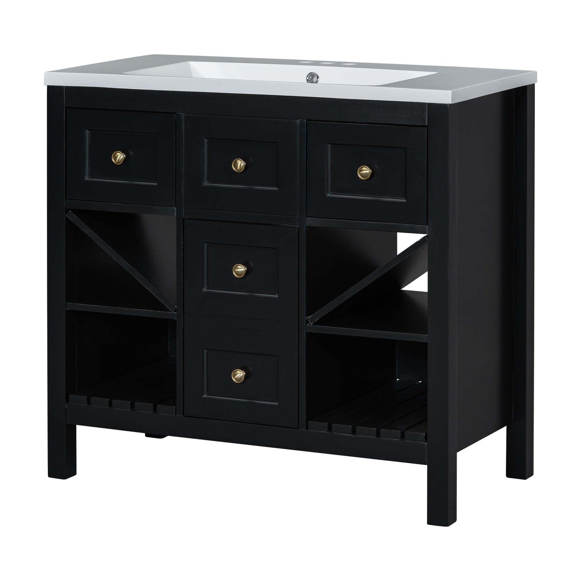 36'' Bathroom Vanity With Resin Sink Combo, Solid Wood Frame Bathroom Storage Cabinet, Freestanding Vanity Set With 5 Drawers& Soft Closing Doors Same As N710S136001B Black Bathroom Solid Wood Mdf Resin