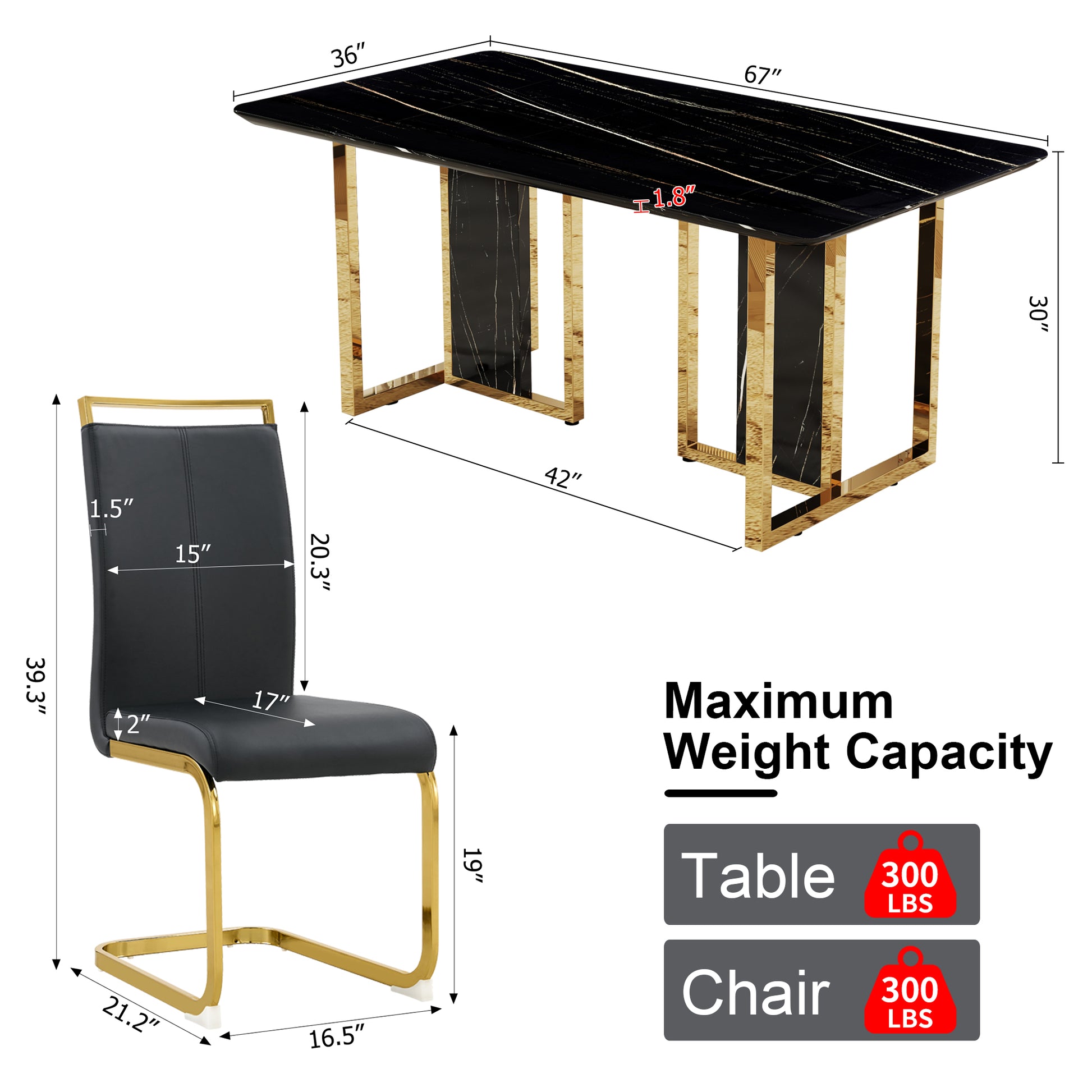 Table And Chair Set. Modern Dining Table With Mdf Top And Beautiful Mdf Legs. Equipped With Comfortable Pu Chairs And Metal Legs. Suitable For A Wide Range Of Decorative Styles. Black Seats 6 Mdf