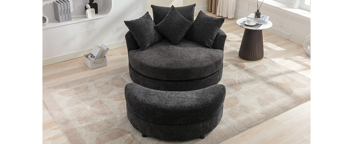 Orisfur. 360 Swivel Accent Barrel Chair With Storage Ottoman & 4 Pillows, Modern Chenille Leisure Chair Round Accent For Living Room, Gray Gray Foam Chenille