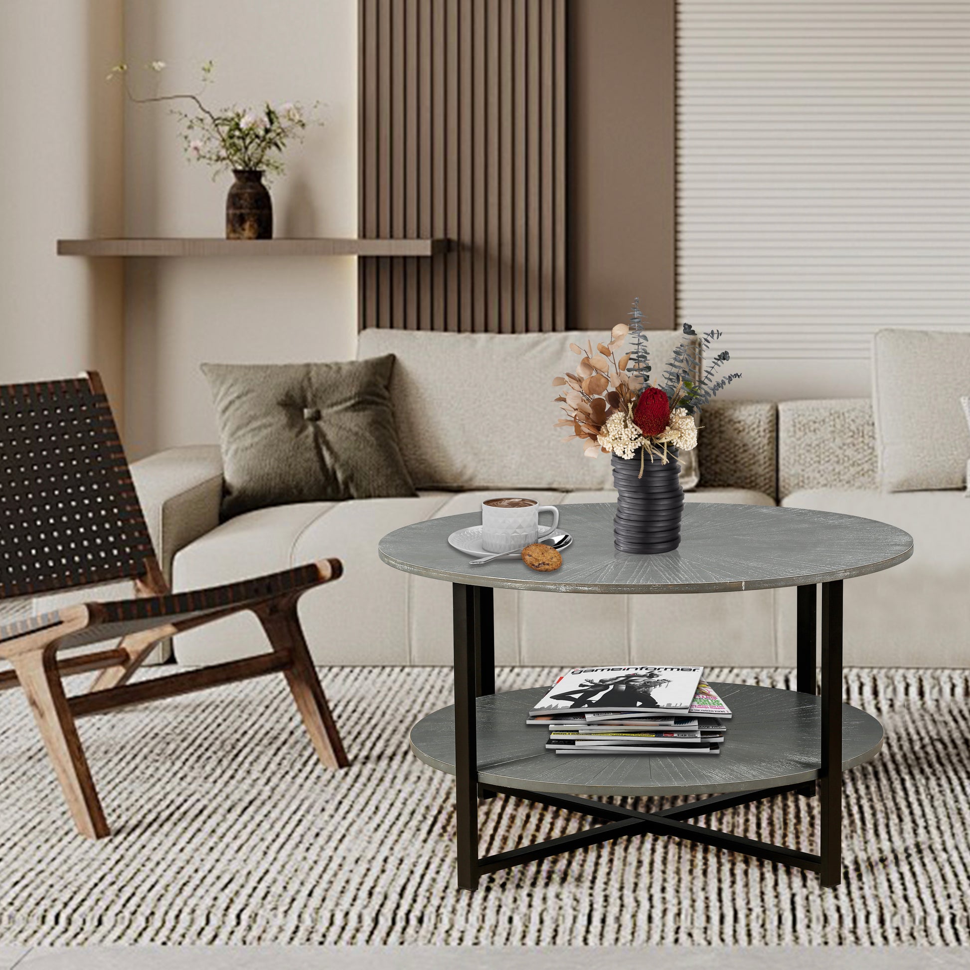 31.5"D X 31.5''W X 18.3''H Round Coffee Table With 2 Tier Storage, Farmhouse Living Room Cocktail Table With Black Metal Leg,Patchwork Desktop Effect Easy Assembly Antique Gray Antique Gray Primary Living Space American Design Floor Mount Round Open