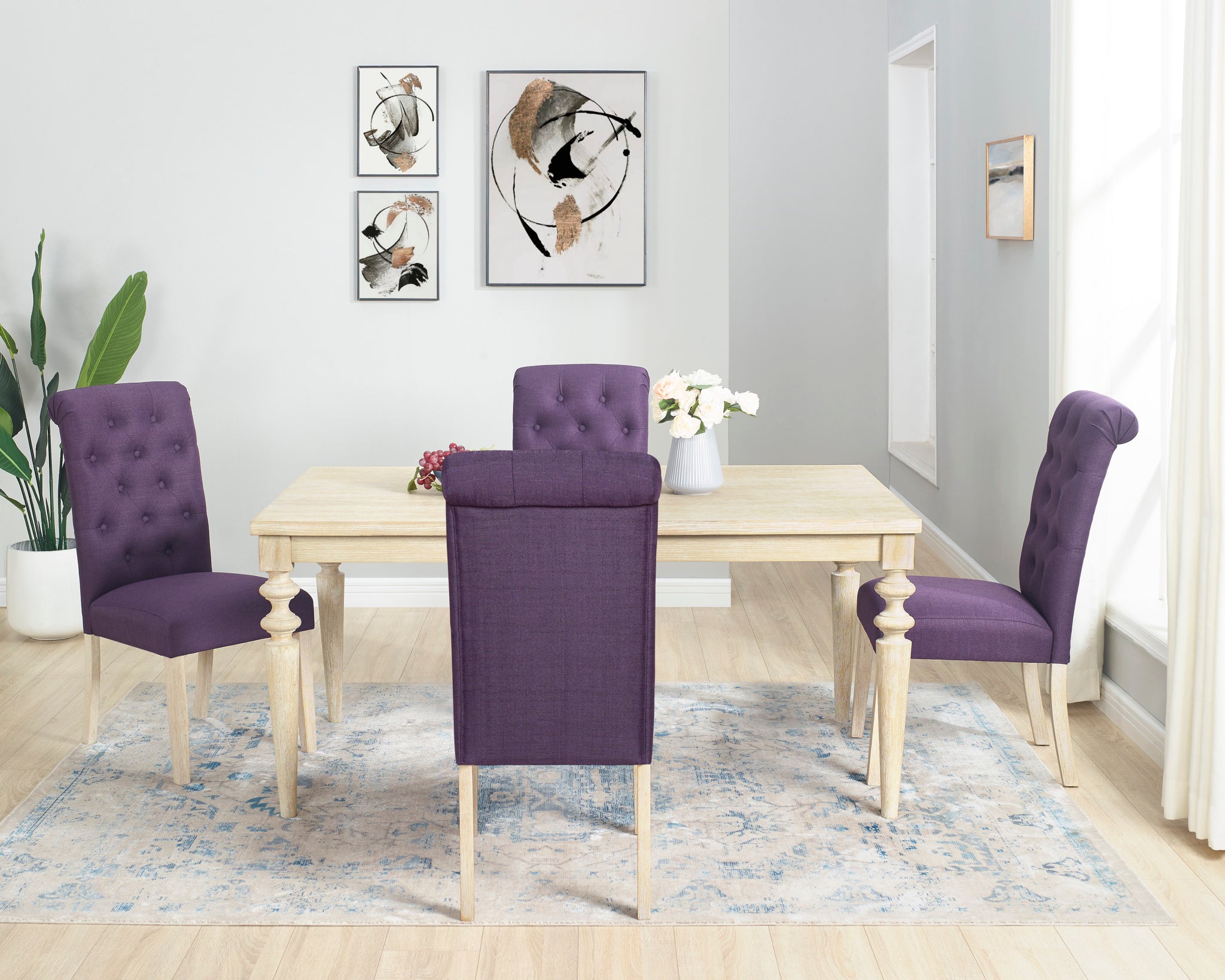 Amonia 5 Piece Dining Set, Turned Leg Dining Table With 4 Tufted Chairs Light Brown Wood Dining Room Fixed Table Rubberwood Rectangular Dining Table With Chair Wood Wood Beige Brown Seats 4 Rectangular 4 Leg Mdf