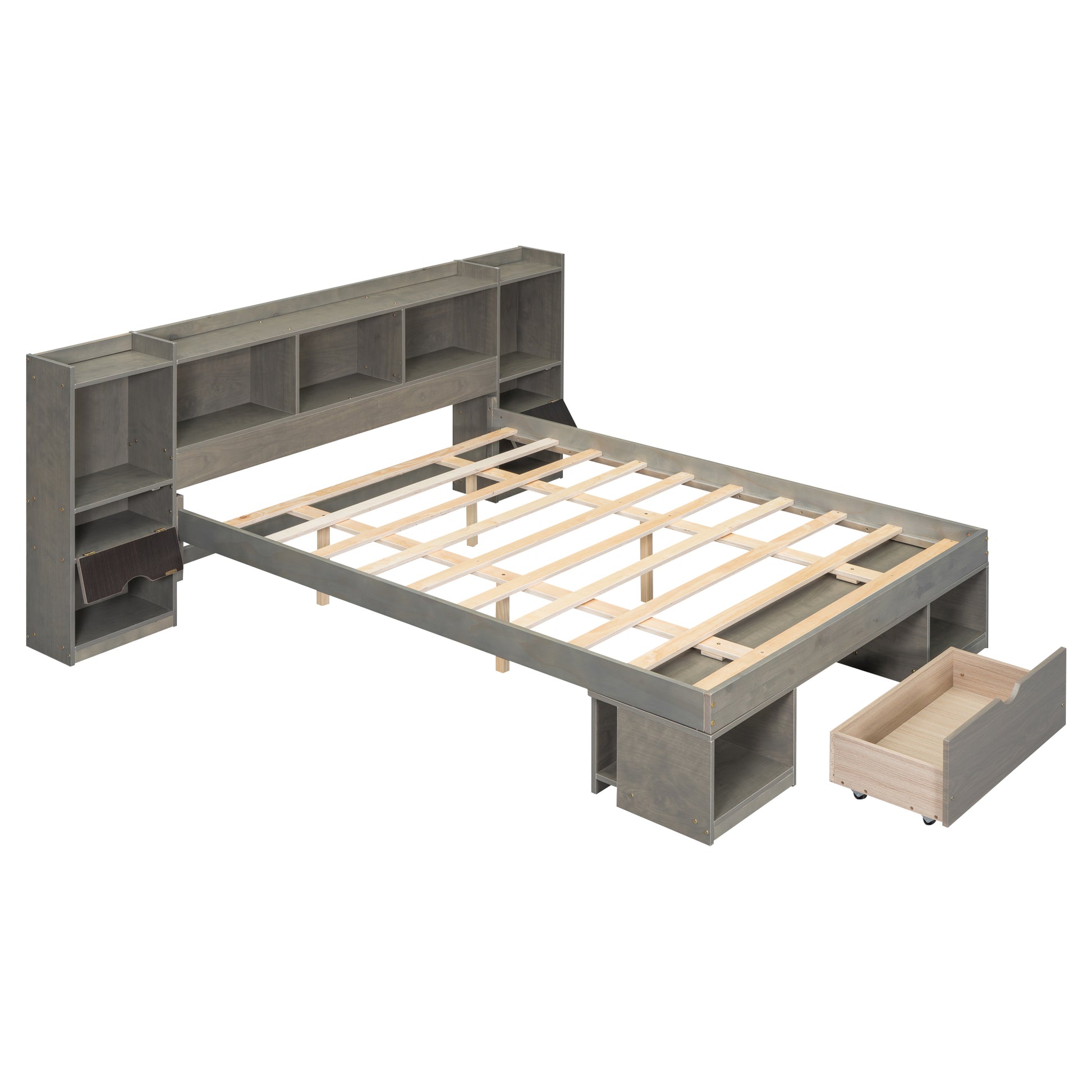 Queen Size Wood Platform Bed With Multi Storage Headboard And A Drawer, Gray Box Spring Not Required Queen Gray Wood Bedroom Bed Frame Solid Wood Mdf