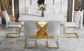Table And Chair Set, The Table Is Equipped With A Marble Patterned Mdf Tabletop And Gold Table Legs.Dining Chairs,Gold Legged Upholstered Chairs Made Of Artificial Leather. Gold White Seats 6 Mdf