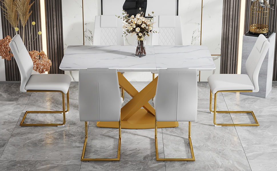 Table And Chair Set, The Table Is Equipped With A Marble Patterned Mdf Tabletop And Gold Table Legs.Dining Chairs,Gold Legged Upholstered Chairs Made Of Artificial Leather. Gold White Seats 6 Mdf