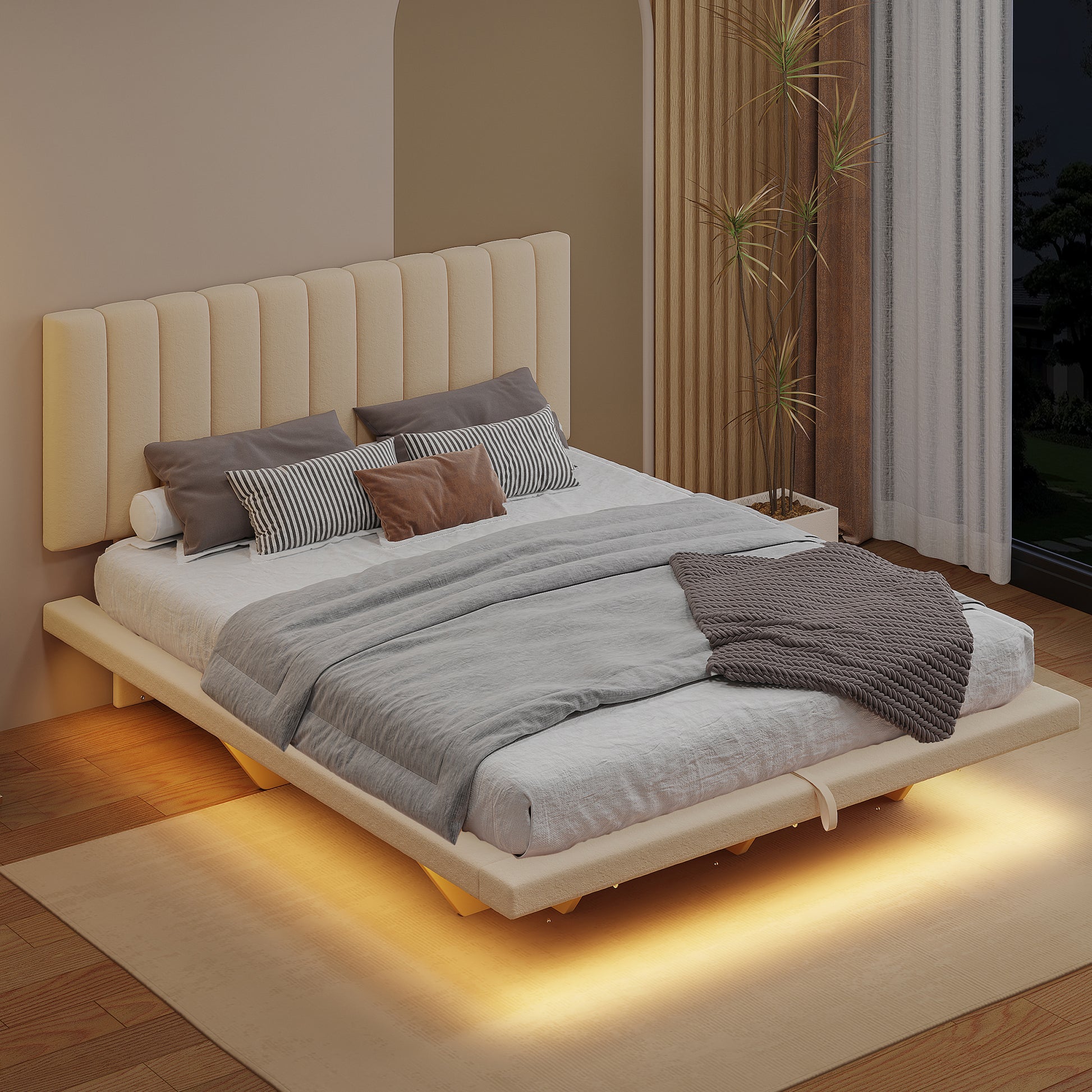 Queen Size Upholstered Floating Bed With Led Light And Usb Port, Velvet, Beige, Hydrualic Platform Bed Queen Beige Velvet