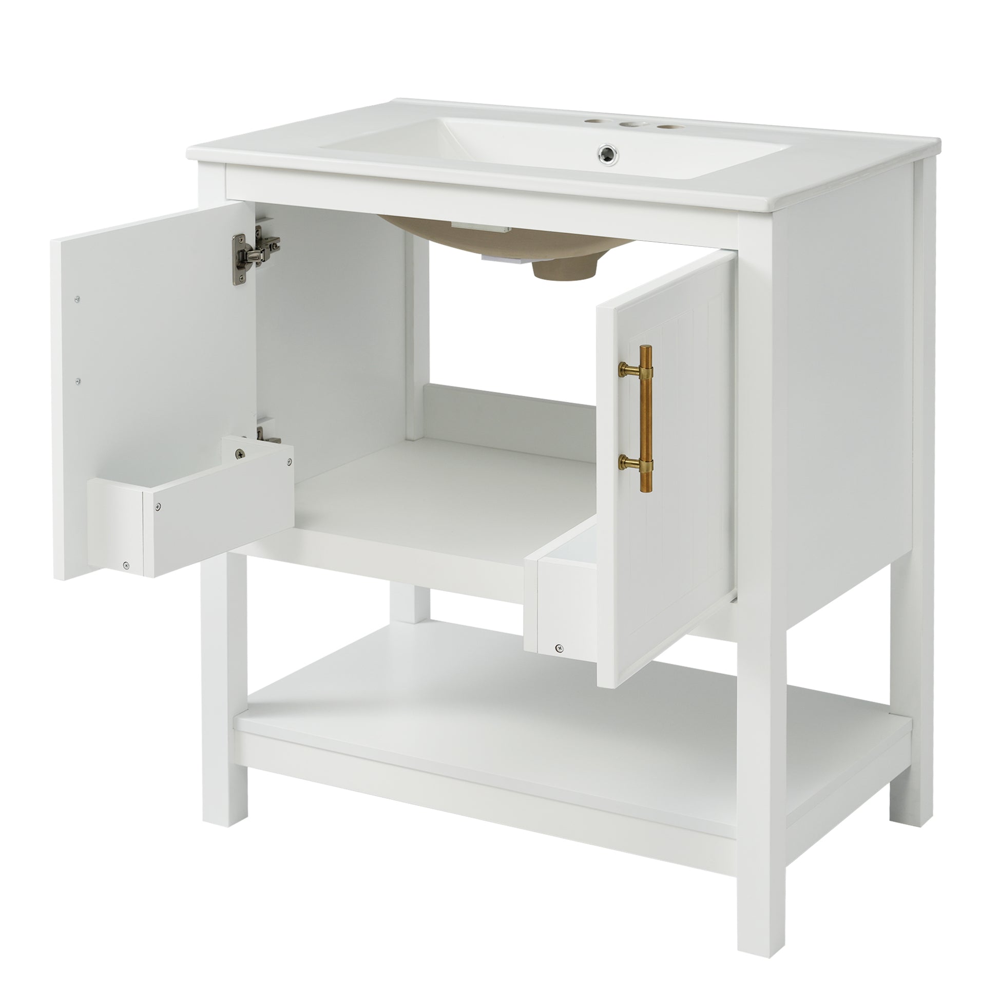 30 Inch White Bathroom Vanity With Ceramic Sink And Versatile Storage Ideal For Small Bathrooms White Bathroom Solid Wood Mdf