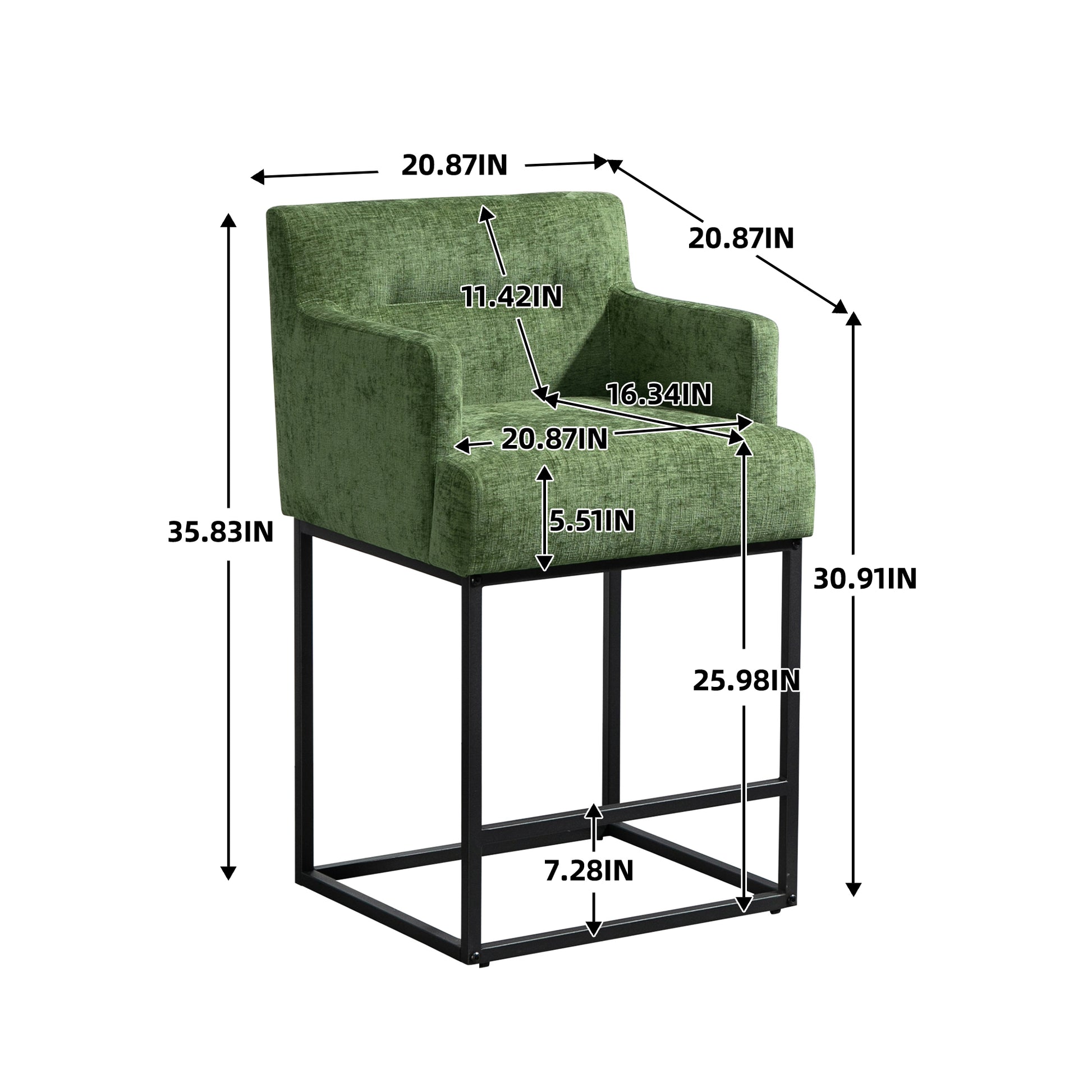 Coolmore Counter Height Bar Stools Set Of 2, Modern Barrel Bar Stool With Backrest And Arms, Black Metal Frames, Upholstered Bar Stools For Kitchen Island, Pub, Club Green Foam Chenille