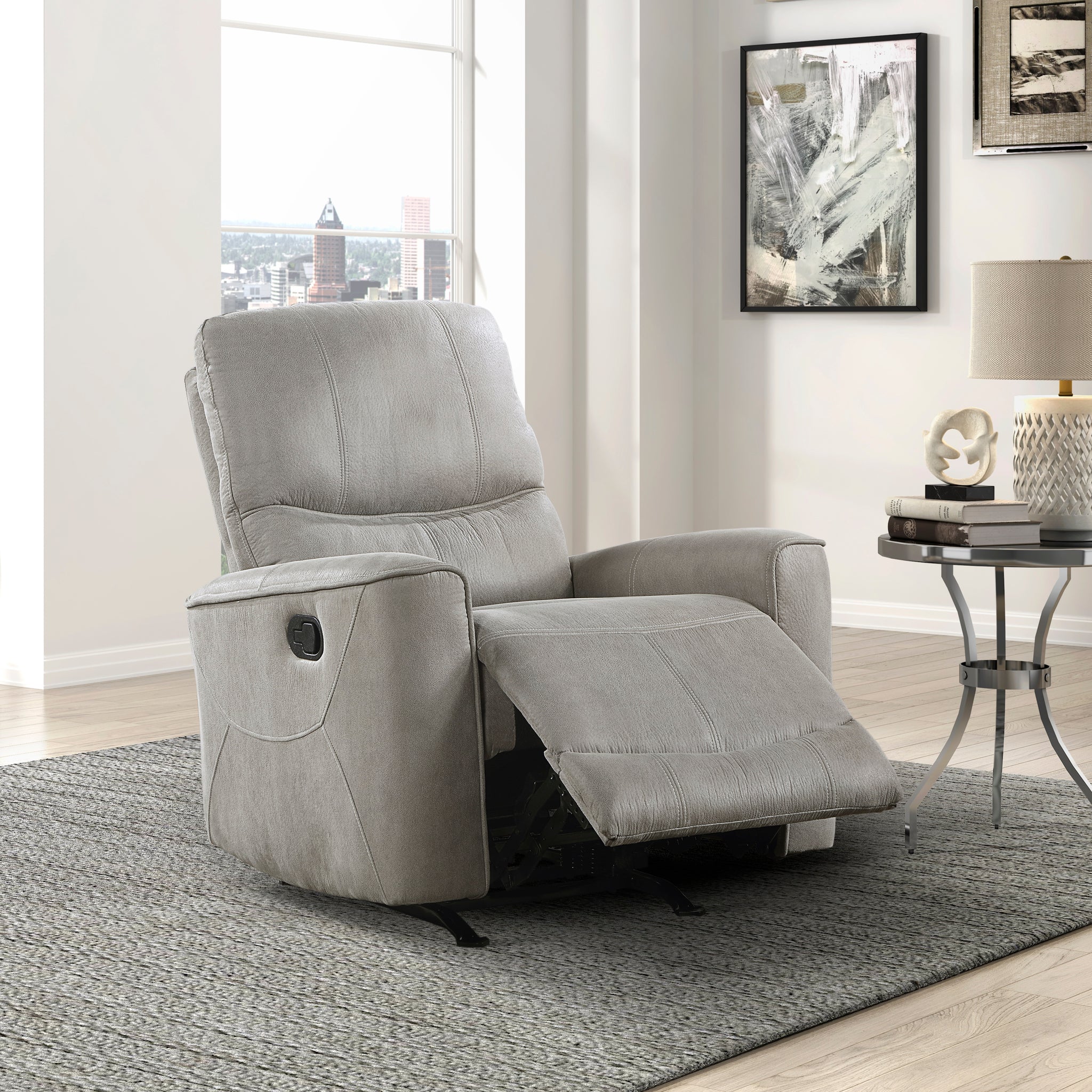 Modern Transitional Style Rocker Reclining Chair 1Pc Gray Polished Microfiber Living Room Furniture Gentle Rocking Motion Gray Microfiber Primary Living Space Modern,Transitional Solid Wood