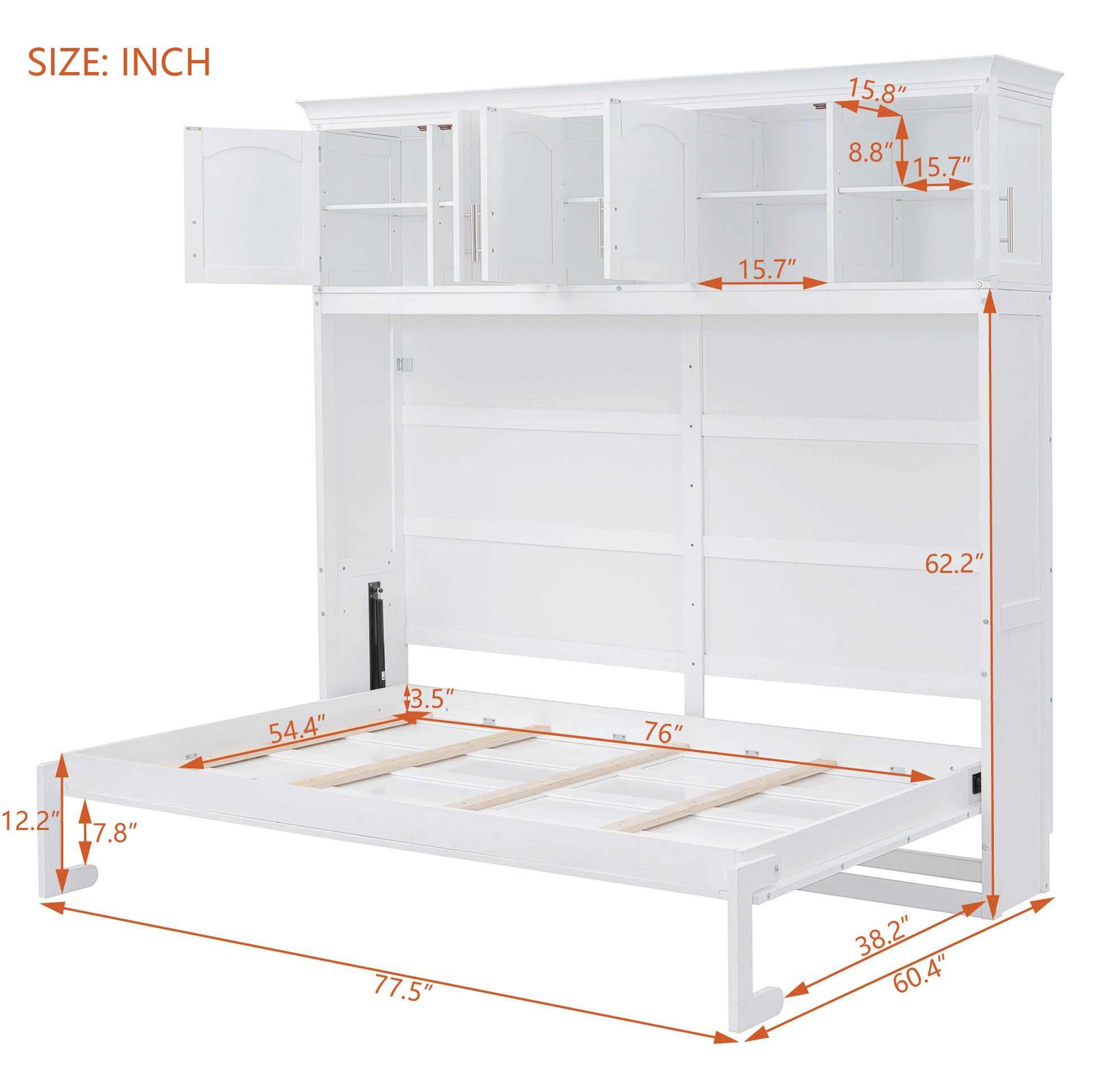 Full Size Murphy Bed Wall Bed With Top Cabinets,White Full White Plywood