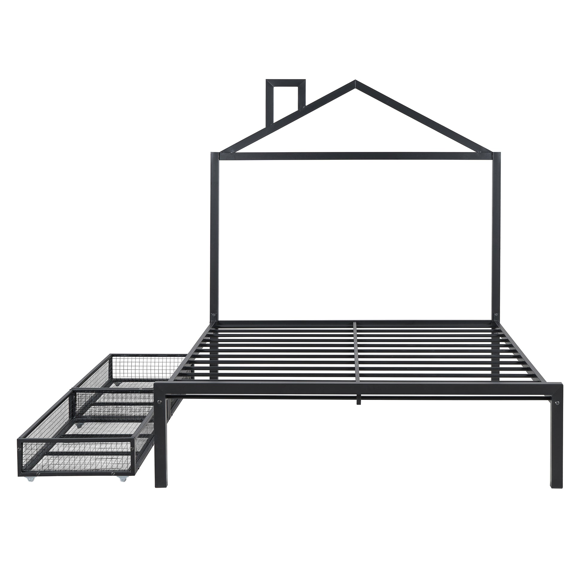 Full Size Metal Platform Bed With Two Drawers,House Shaped Headboard Design, Black Full Black Metal