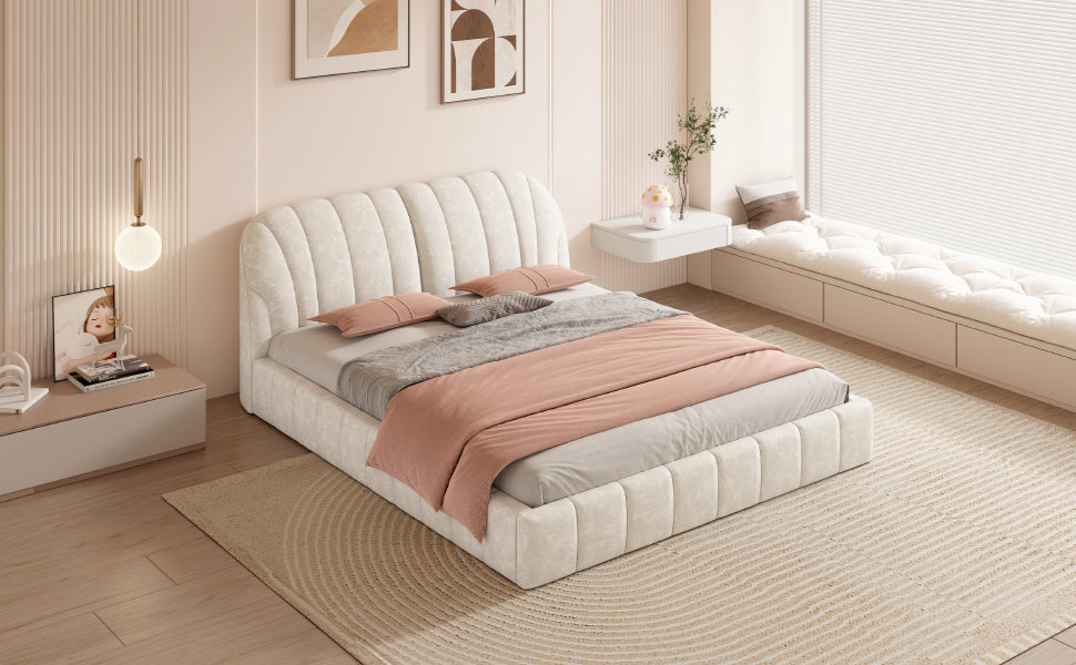 Queen Size Upholstered Platform Bed With Thick Fabric, Polyester, Beige Queen Beige Polyester