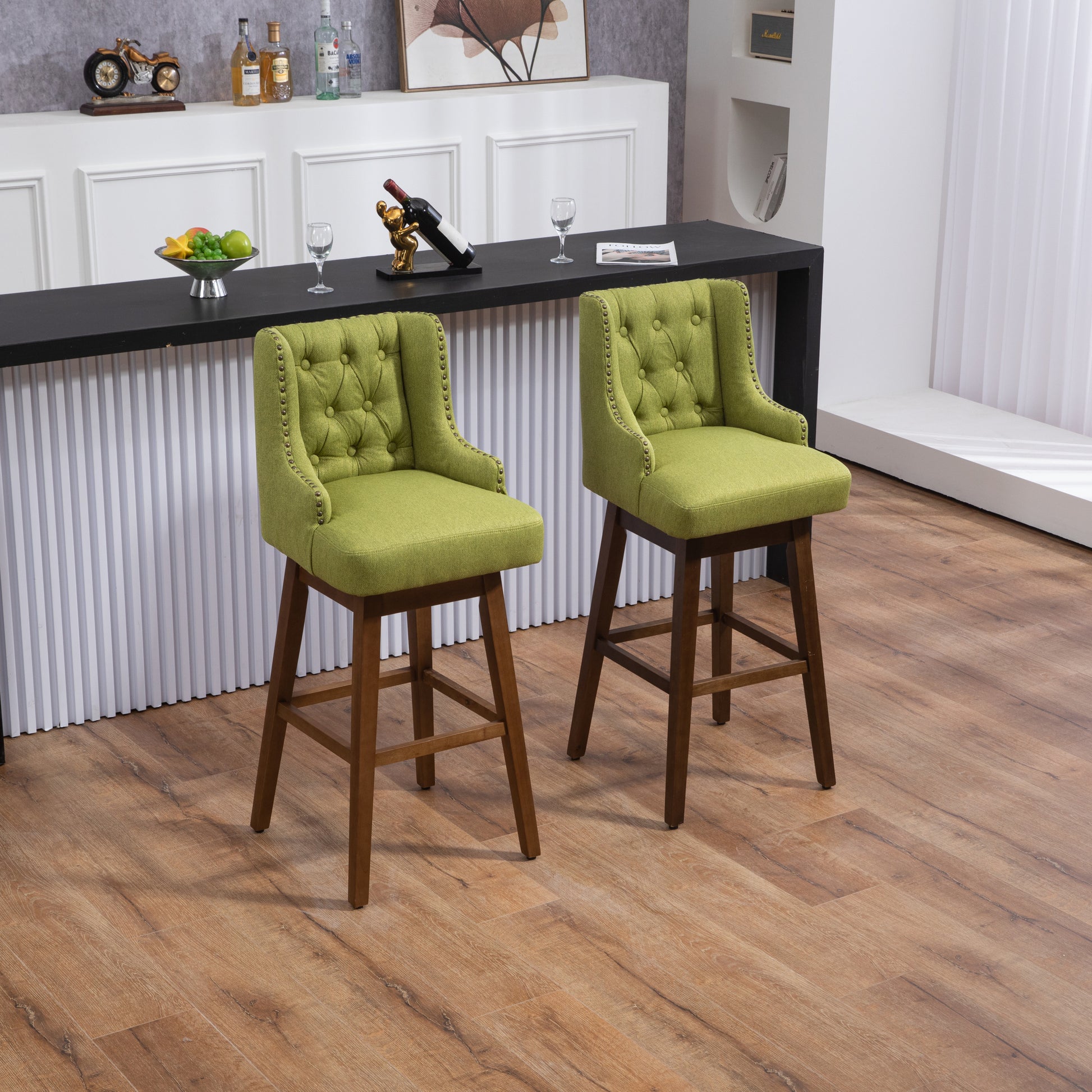 Coolmore Bar Stools Set Of 2 Counter Height Chairs With Footrest For Kitchen, Dining Room And 360 Degree Solid Wood Legs Swivel Bar Stools Set Of 2 Olive Linen Olive Foam Linen