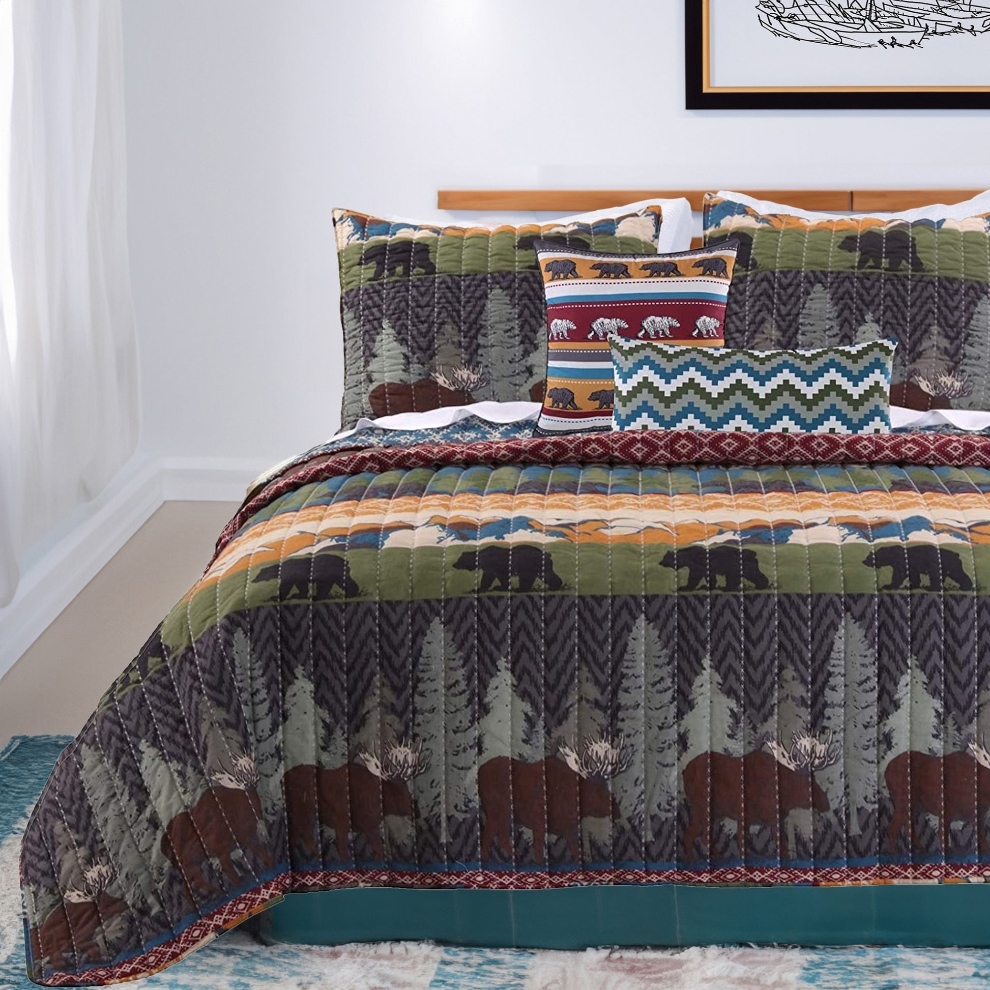 5 Piece Full Size Quilt Set With Nature Inspired Print, Multicolor Multicolor Fabric