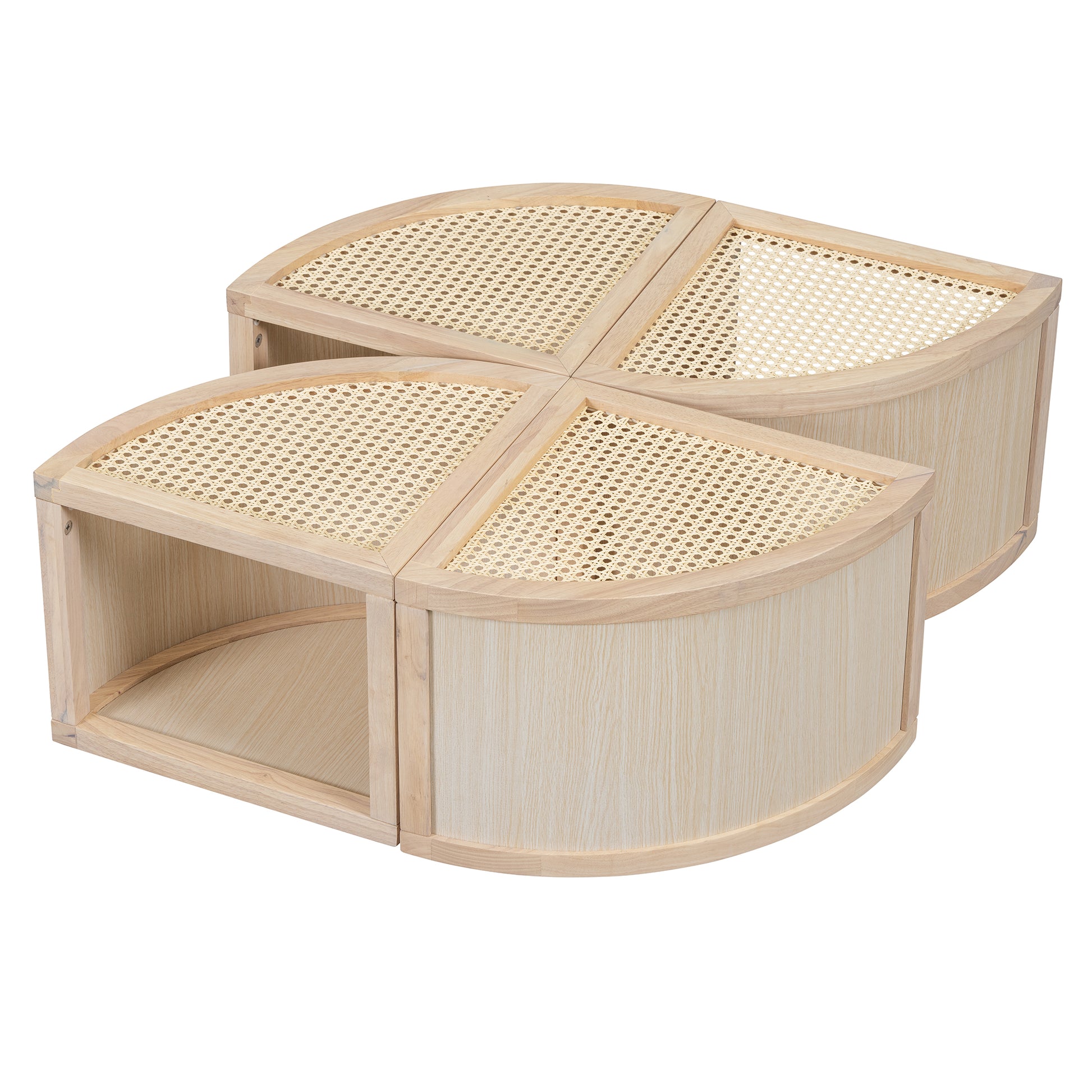 Round To Square Block Modular Coffee Table Light Natural Rattan With Storage 4 Piece Light Natural Rubber Wood