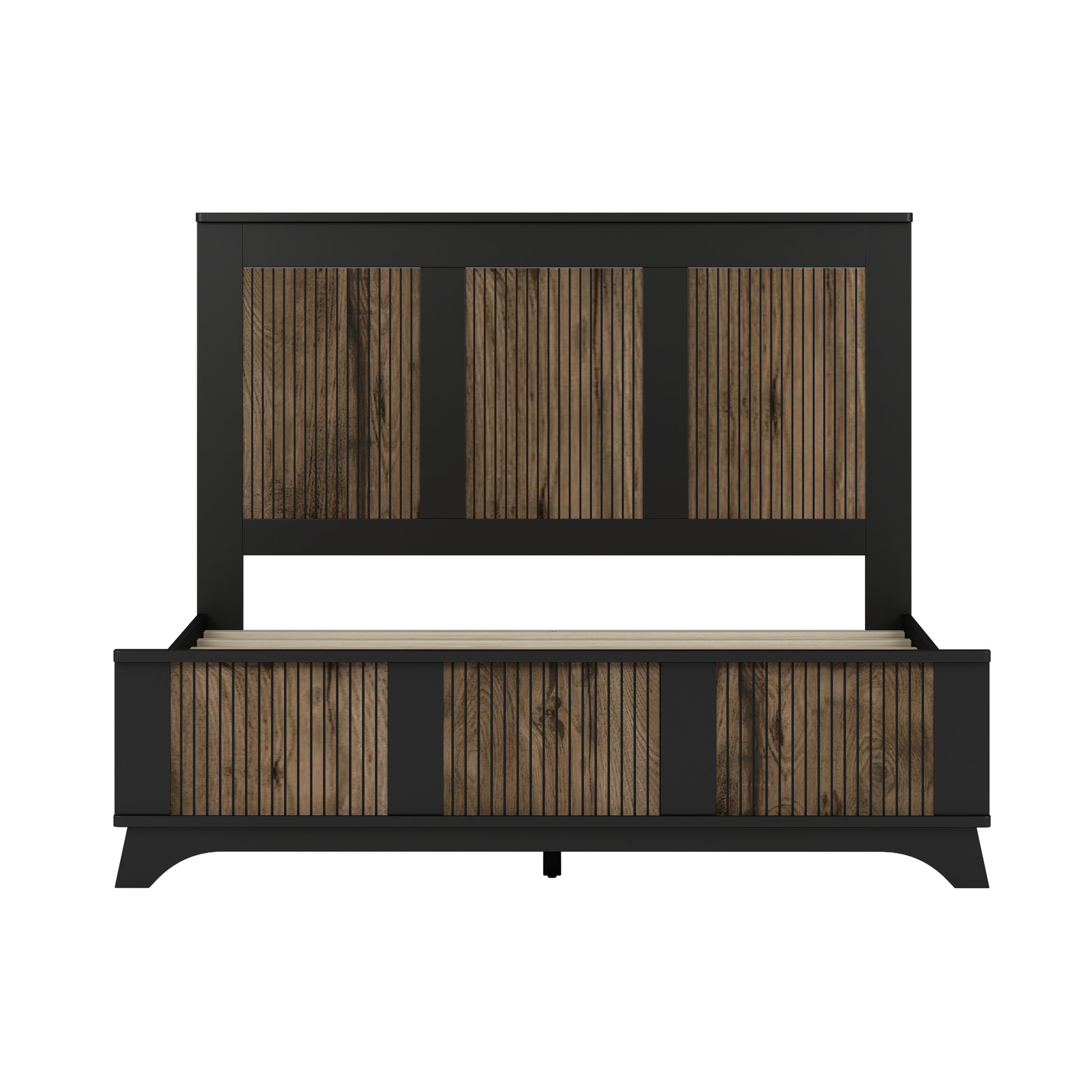 Farmhouse Wooden Platform Queen Size Bed, Modern Platform Bed With Wooden Strip Decoration, Plywood Slats Support, Black Queen Black Particle Board
