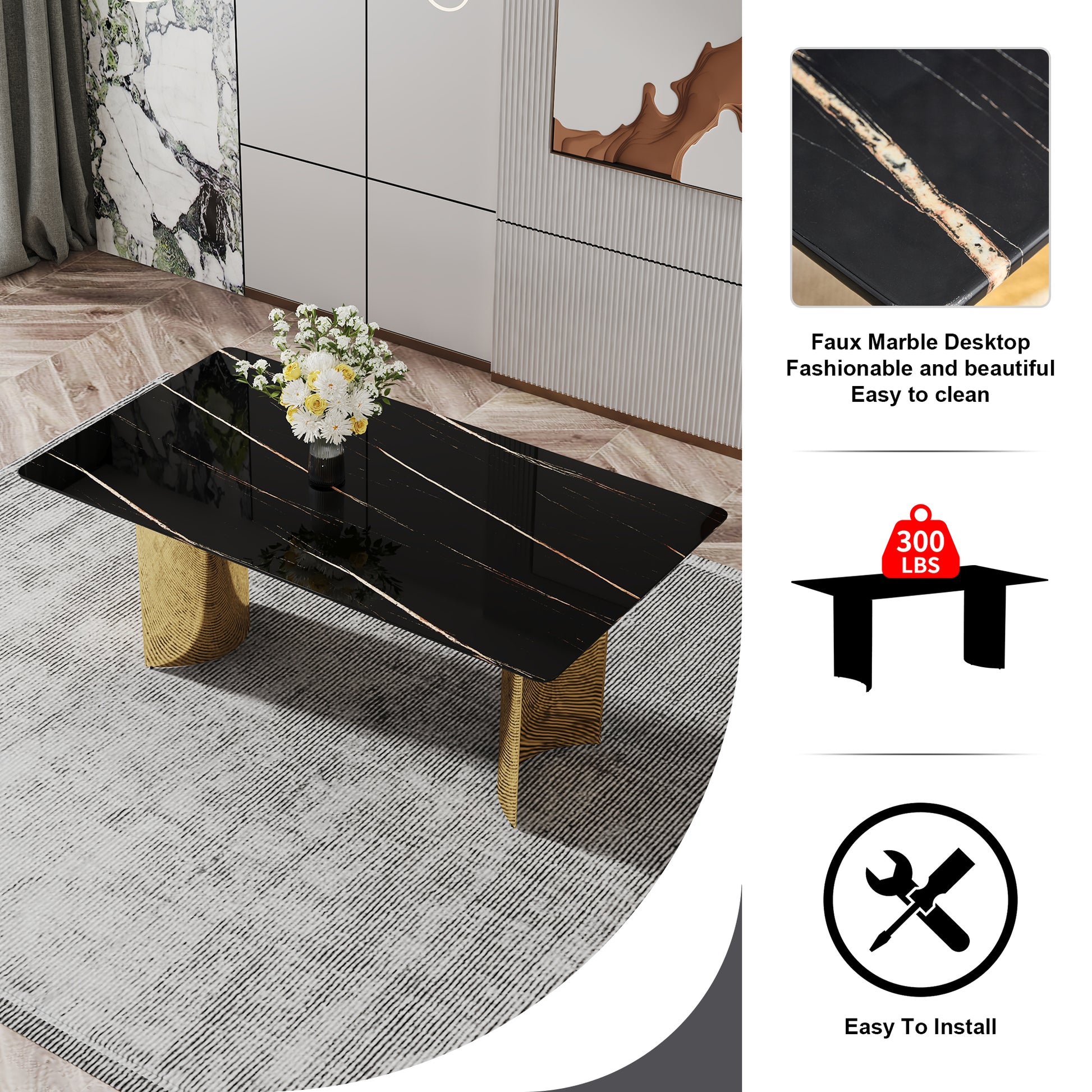 Table And Chair Set.The Table Has A Glass Top With Imitation Marble Pattern Stickers And Stainless Steel Golden Legs. Paried With Chairs With Pu Artificial Leather Backrest Cushions And Black Legs. Black Gold Seats 8 Glass Metal