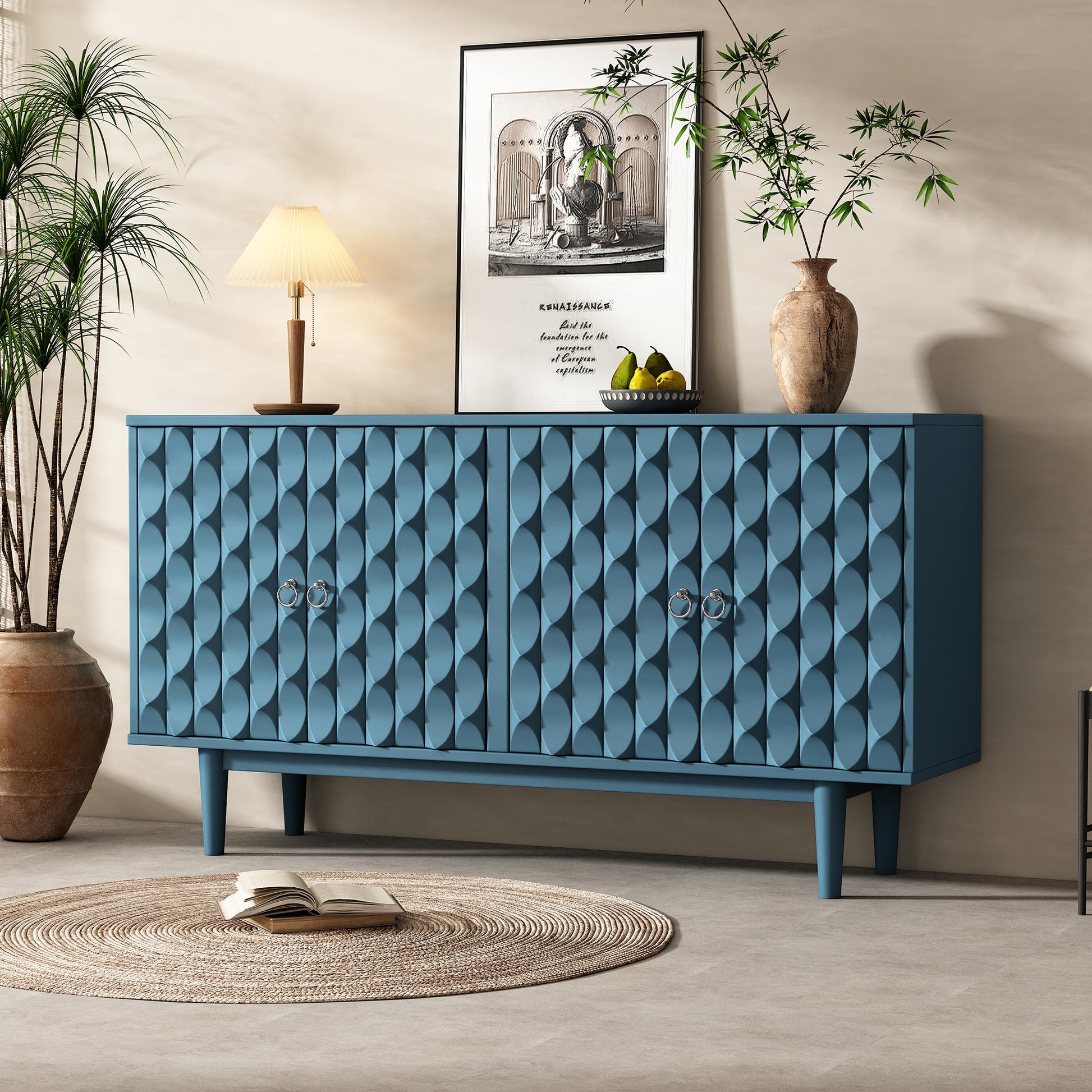 Modern 4 Door Sideboard With Convex Pattern Doors And 2 Silver Handle For Living Room, Dining Room, Kitchen Navy Navy Mdf