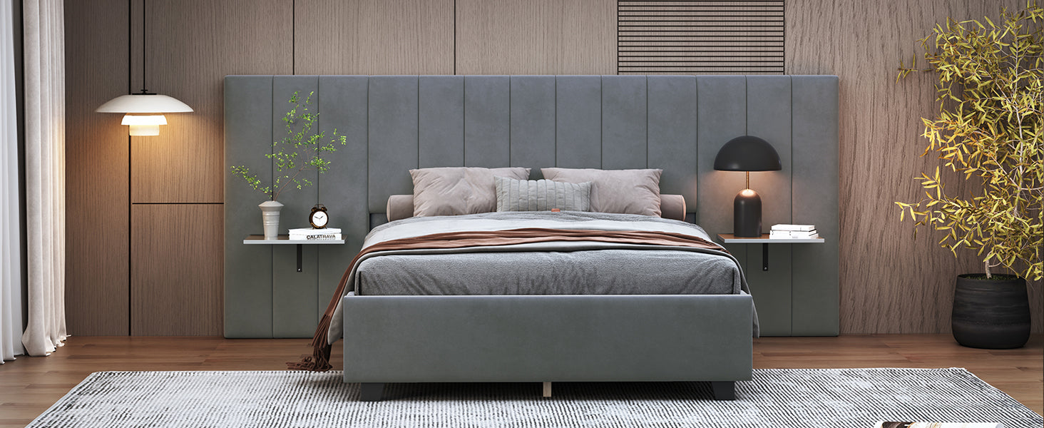 Full Size Upholstered Platform Bed With Big Headboard, Bedroom Furniture, Velvet, Gray Full Gray Plywood