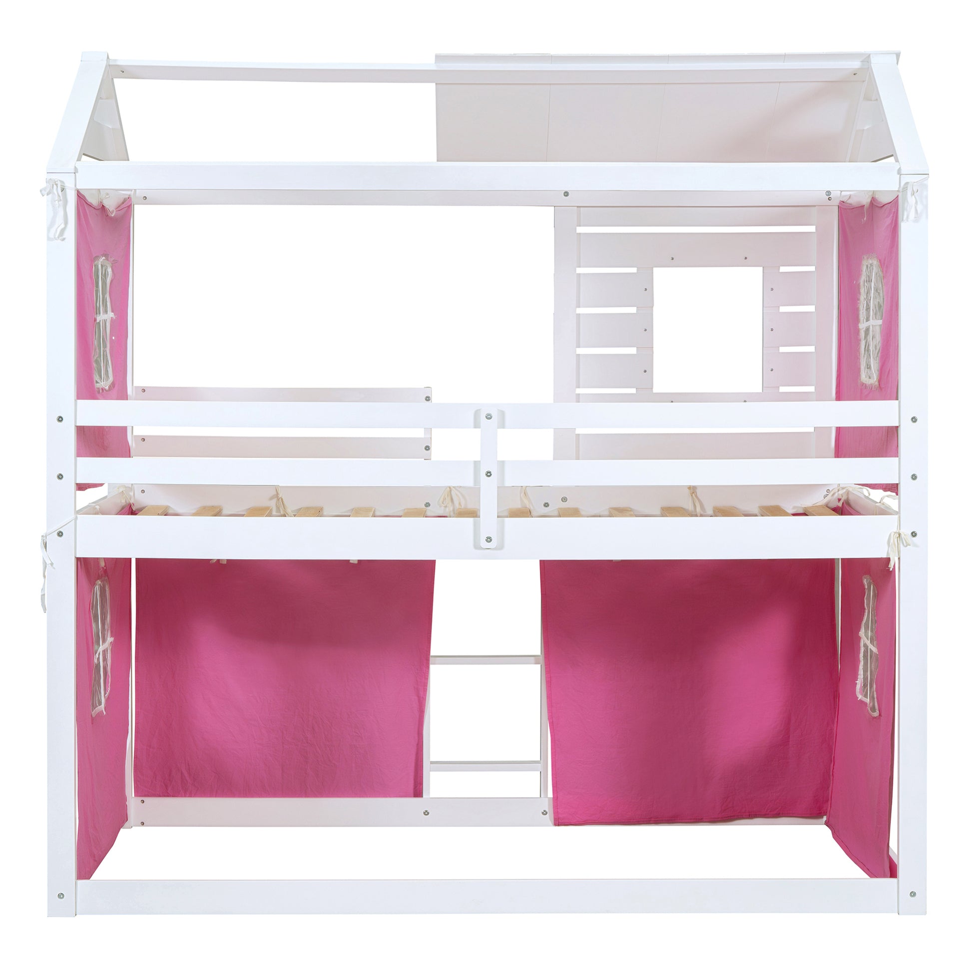 Twin Size Bunk Wood House Bed With Tent, Pink White Twin Pink White Solid Wood Mdf