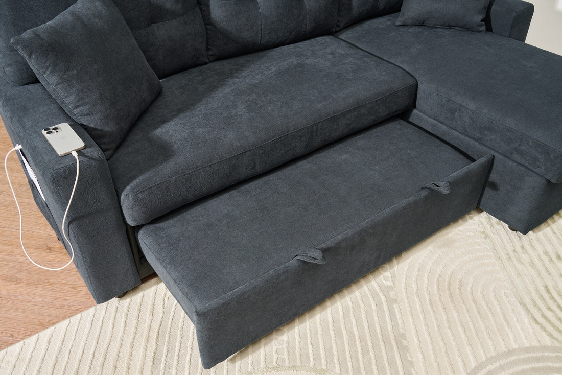 Sectional Sofa Bed L Shaped Sofa Couch Bed With Usb Port, Reversible Sofa Couch Sleeper With Pull Out Bed, Chaise With Storage, Pull Out Couch For Living Room Black Wood Fabric 3 Seat