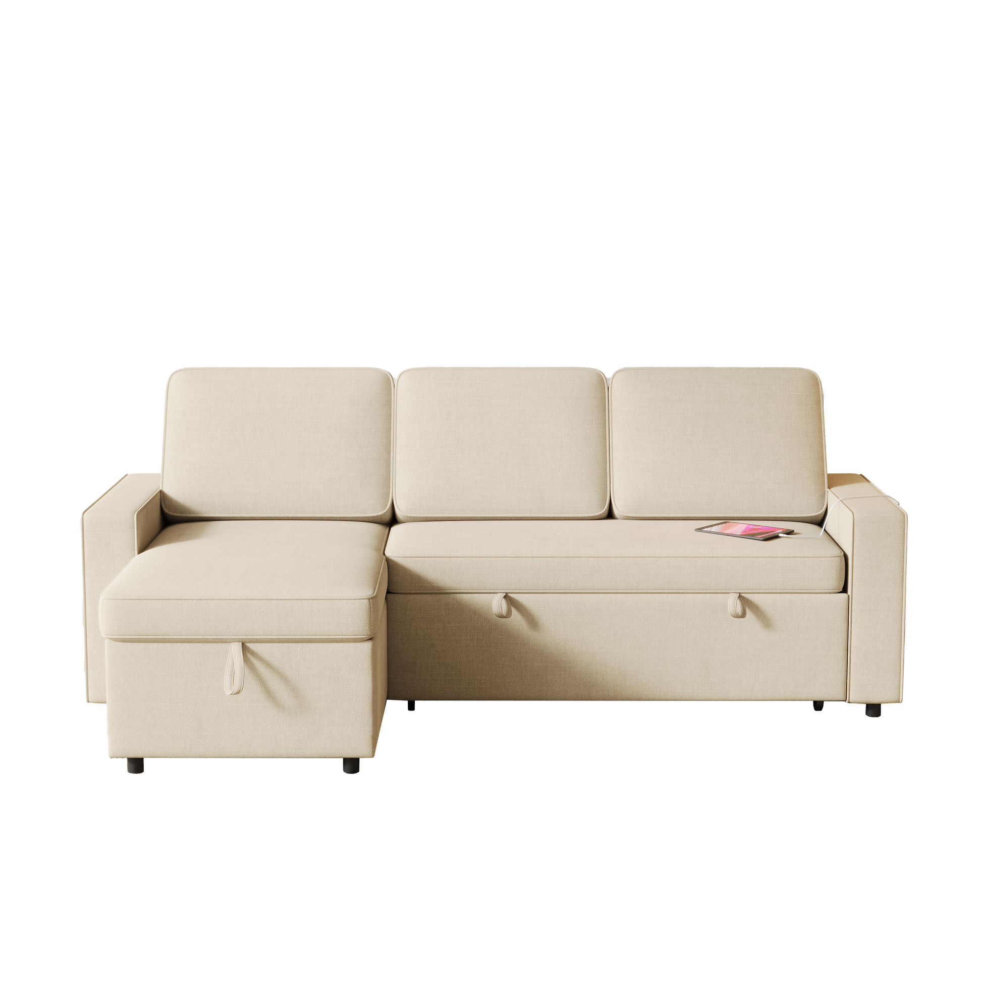85.8" Pull Out Sleeper Sofa L Shaped Couch Convertible Sofa Bed With Storage Chaise And Storage Racks,With Usb Port And T Pyce Port Beige Fabric 3 Seat