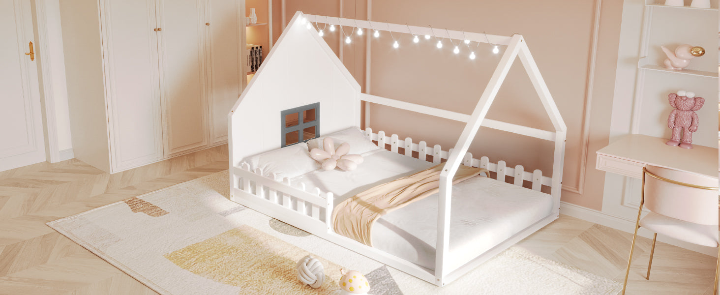 Full Size Wood House Bed With Window And Fence, White Old Sku: Wf304147Aak Box Spring Not Required Full White Wood Bedroom Pine Bed Frame Solid Wood Mdf