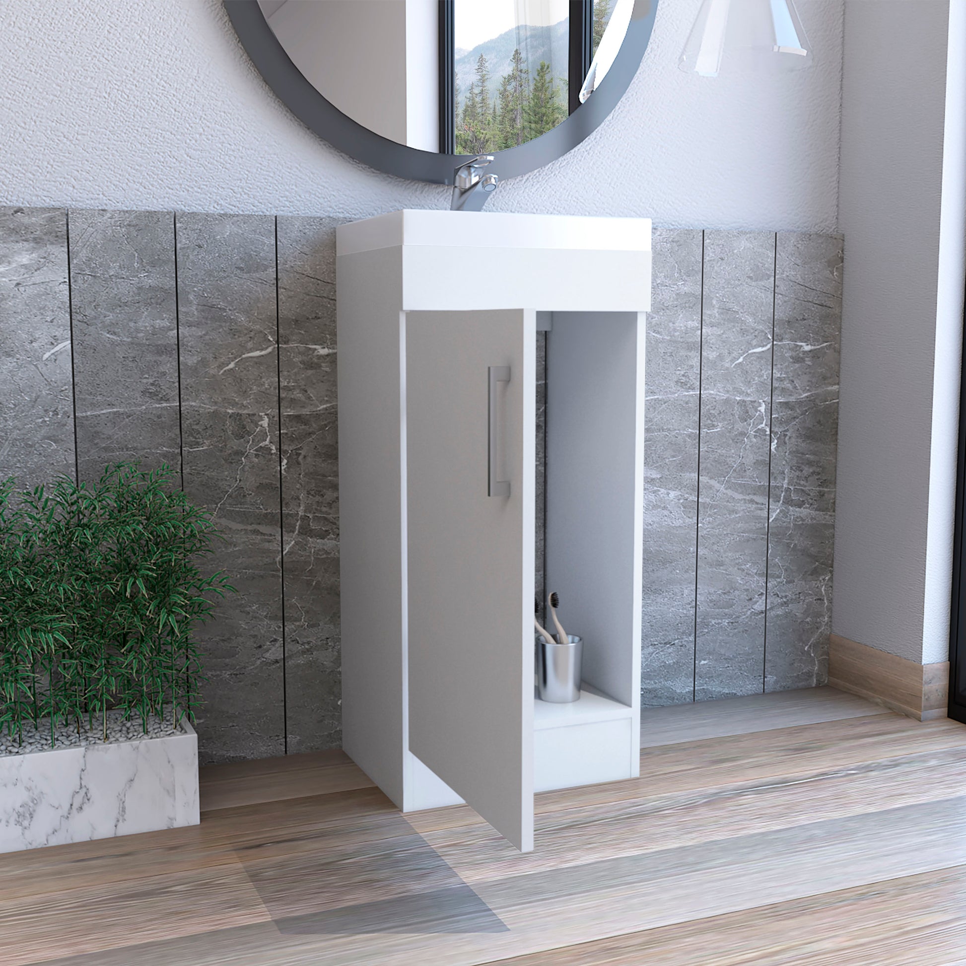 Bathroom Vanity, Single Door Cabinet, White White Solid Wood Mdf Engineered Wood